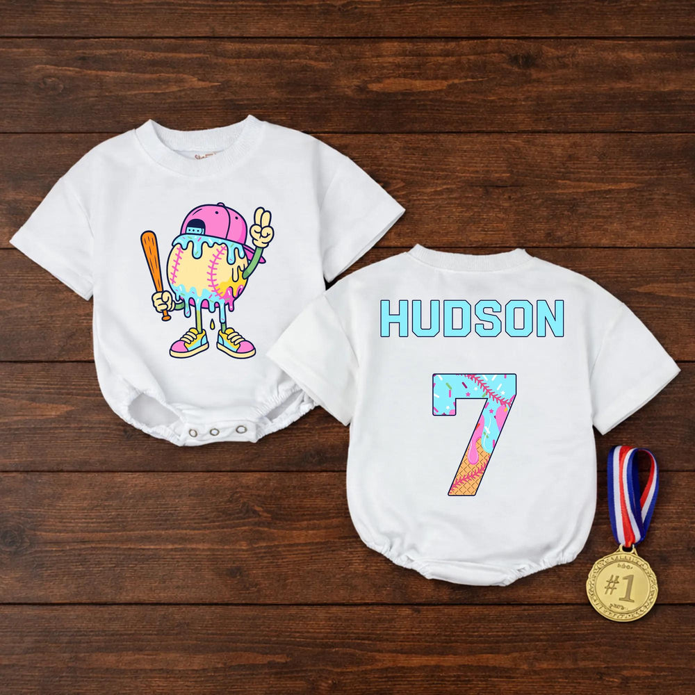 Personalized Cartoon Baseball Romper with Drip Design, Custom Baby Boy Outfit, Cute Pink Cap and Sneakers Sports Birthday Gift