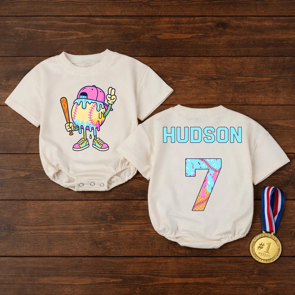 Personalized Cartoon Baseball Romper with Drip Design, Custom Baby Boy Outfit, Cute Pink Cap and Sneakers Sports Birthday Gift