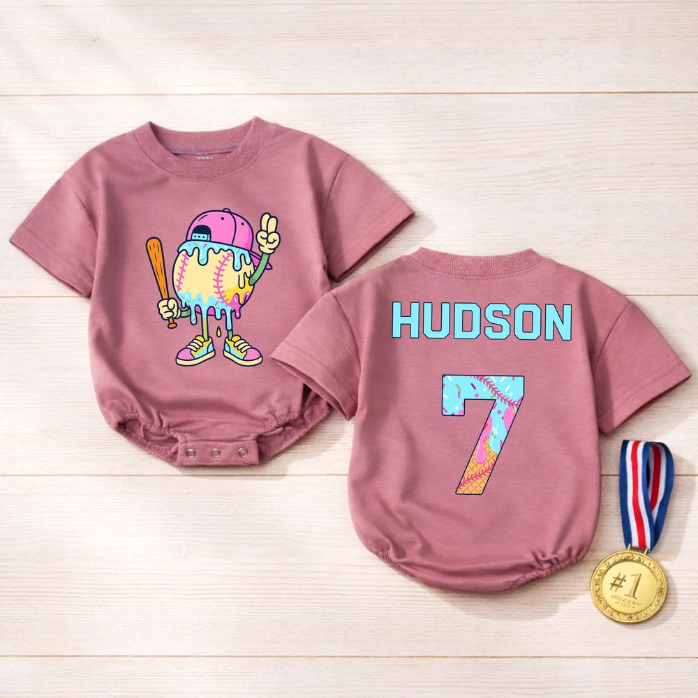 Personalized Cartoon Baseball Romper with Drip Design, Custom Baby Boy Outfit, Cute Pink Cap and Sneakers Sports Birthday Gift