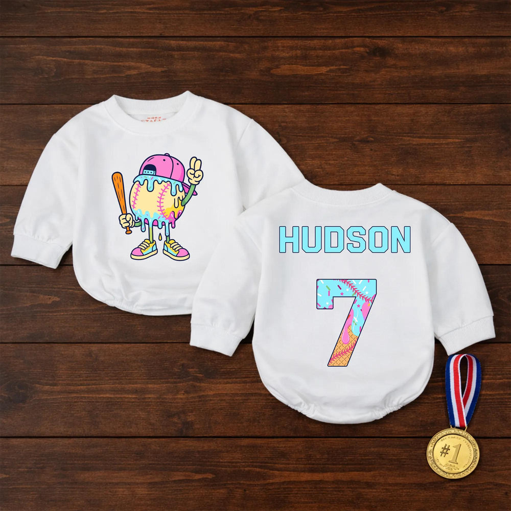 Personalized Cartoon Baseball Romper with Drip Design, Custom Baby Boy Outfit, Cute Pink Cap and Sneakers Sports Birthday Gift