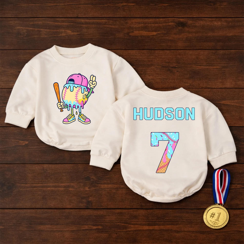 Personalized Cartoon Baseball Romper with Drip Design, Custom Baby Boy Outfit, Cute Pink Cap and Sneakers Sports Birthday Gift
