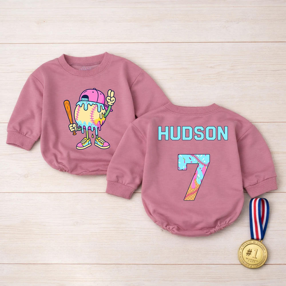 Personalized Cartoon Baseball Romper with Drip Design, Custom Baby Boy Outfit, Cute Pink Cap and Sneakers Sports Birthday Gift