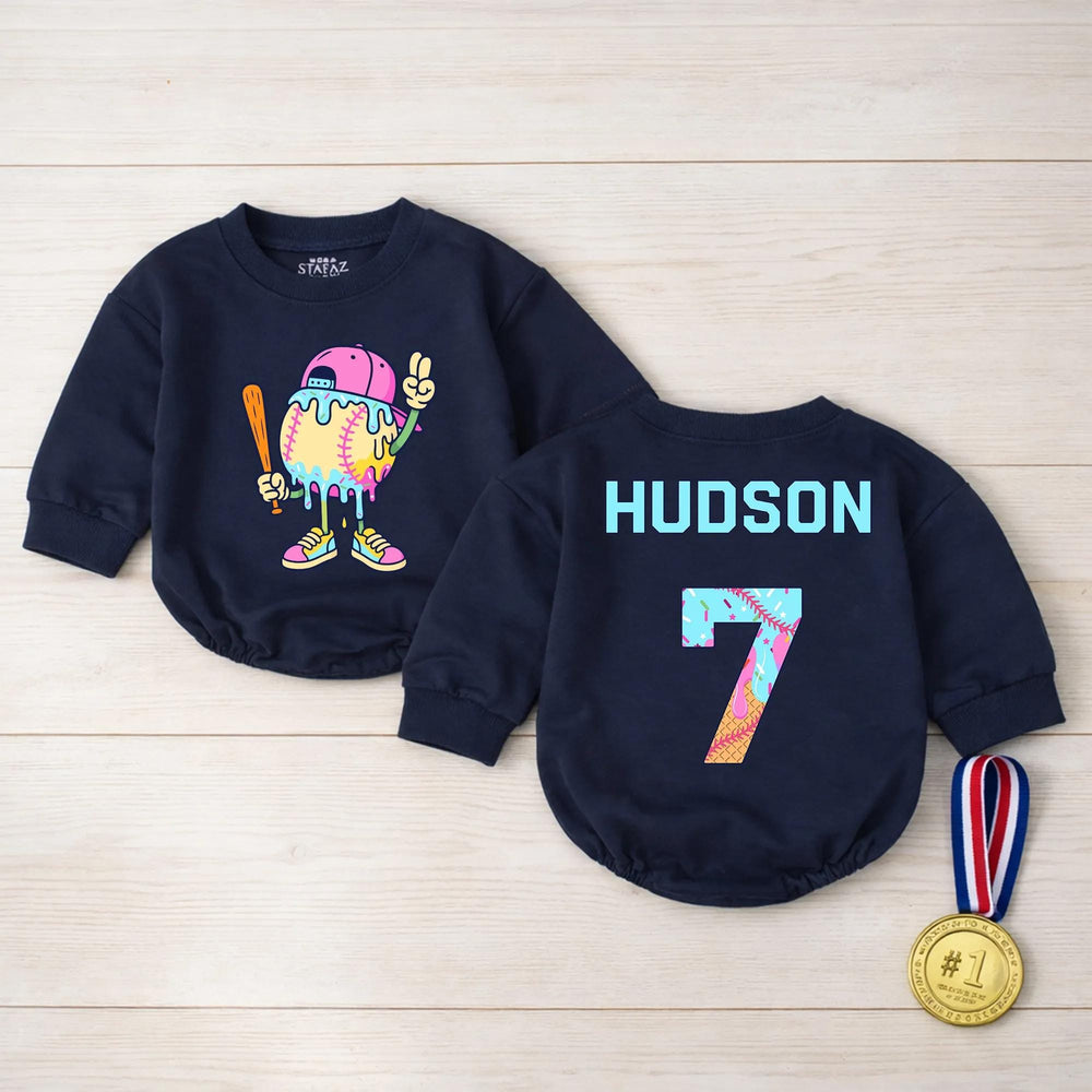 Personalized Cartoon Baseball Romper with Drip Design, Custom Baby Boy Outfit, Cute Pink Cap and Sneakers Sports Birthday Gift