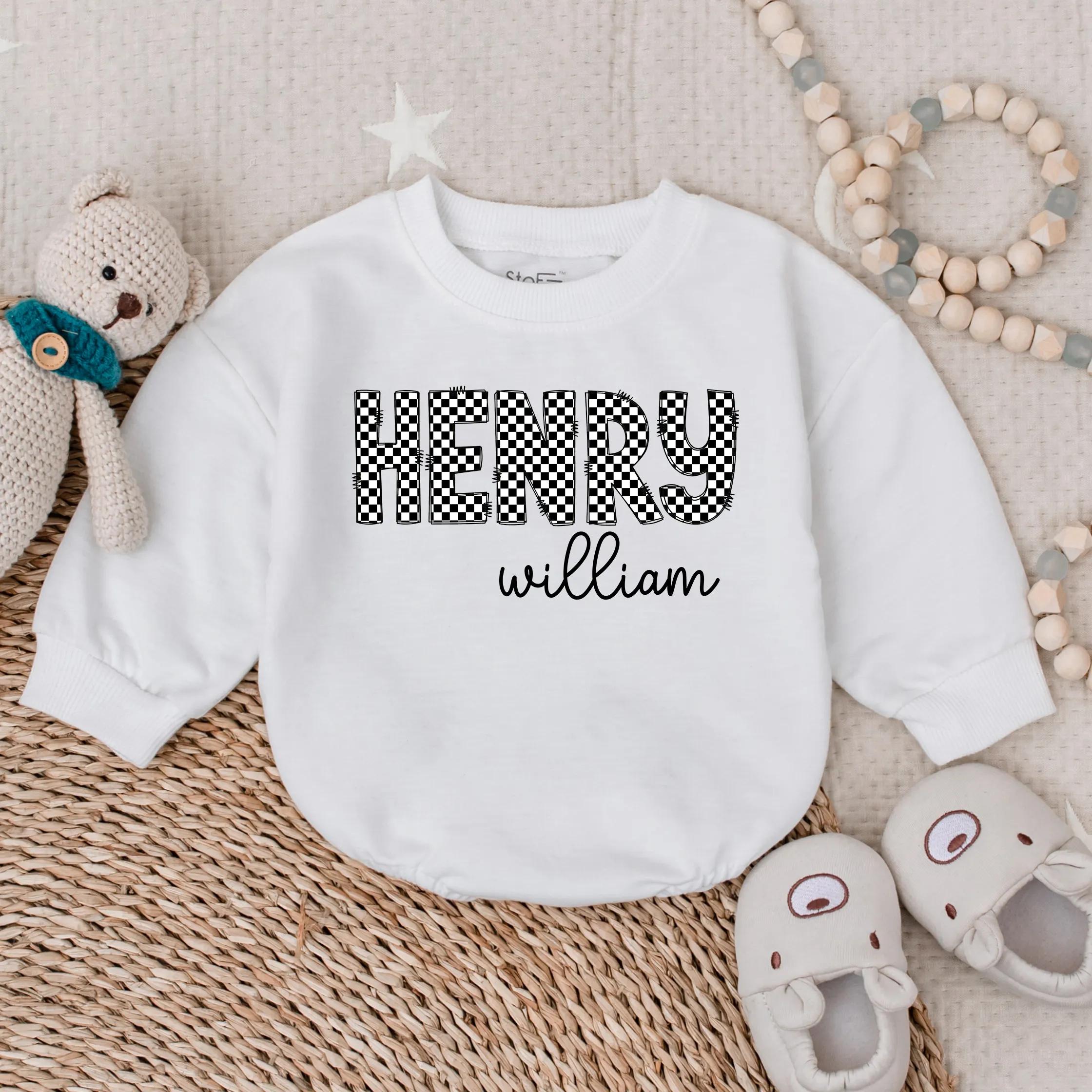 Personalized Checkered Henry William Romper Baby Boy Outfit Unique Infant Gift Modern Style Cotton Comfortable Playful Design