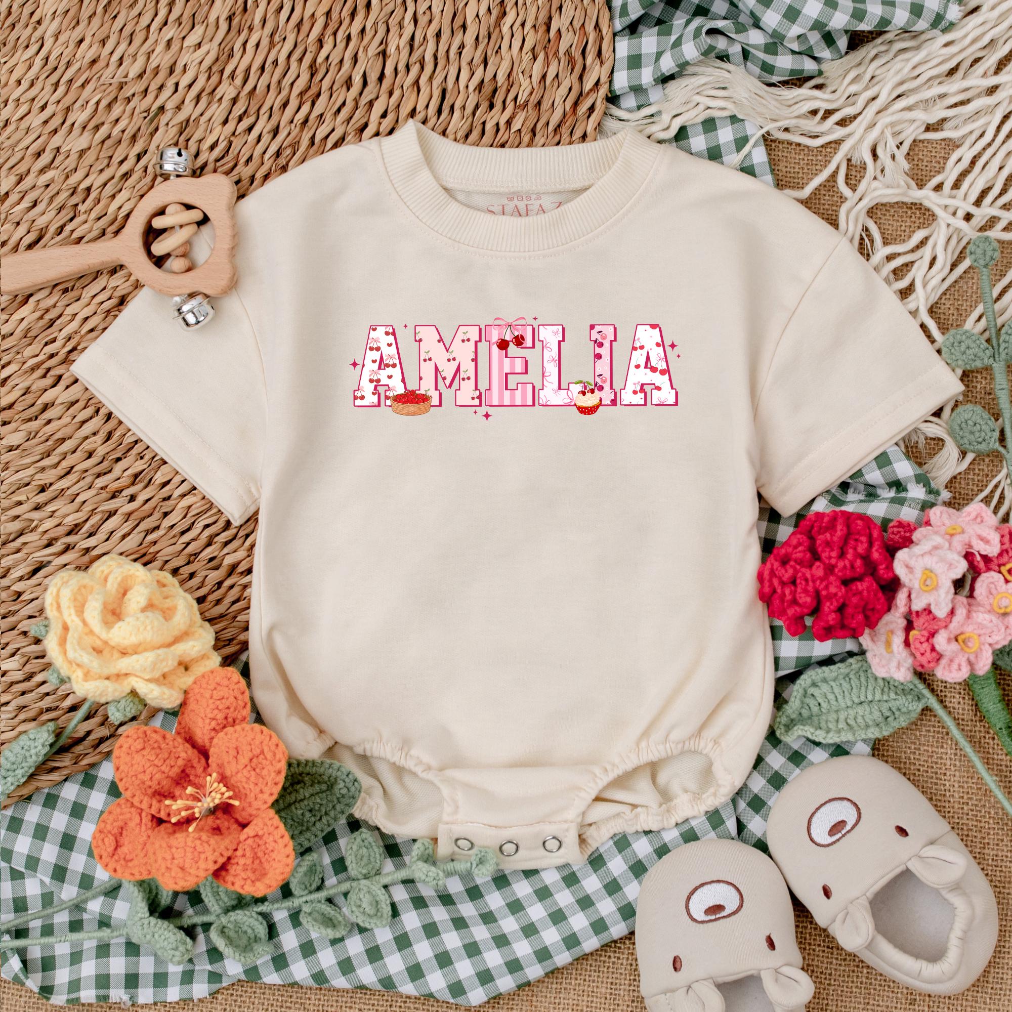 Personalized Cherry Bow Baby Girl Romper in Soft Cotton Perfect Birthday Outfit Custom Name Amelia Design Short Sleeve Playful Pink Red