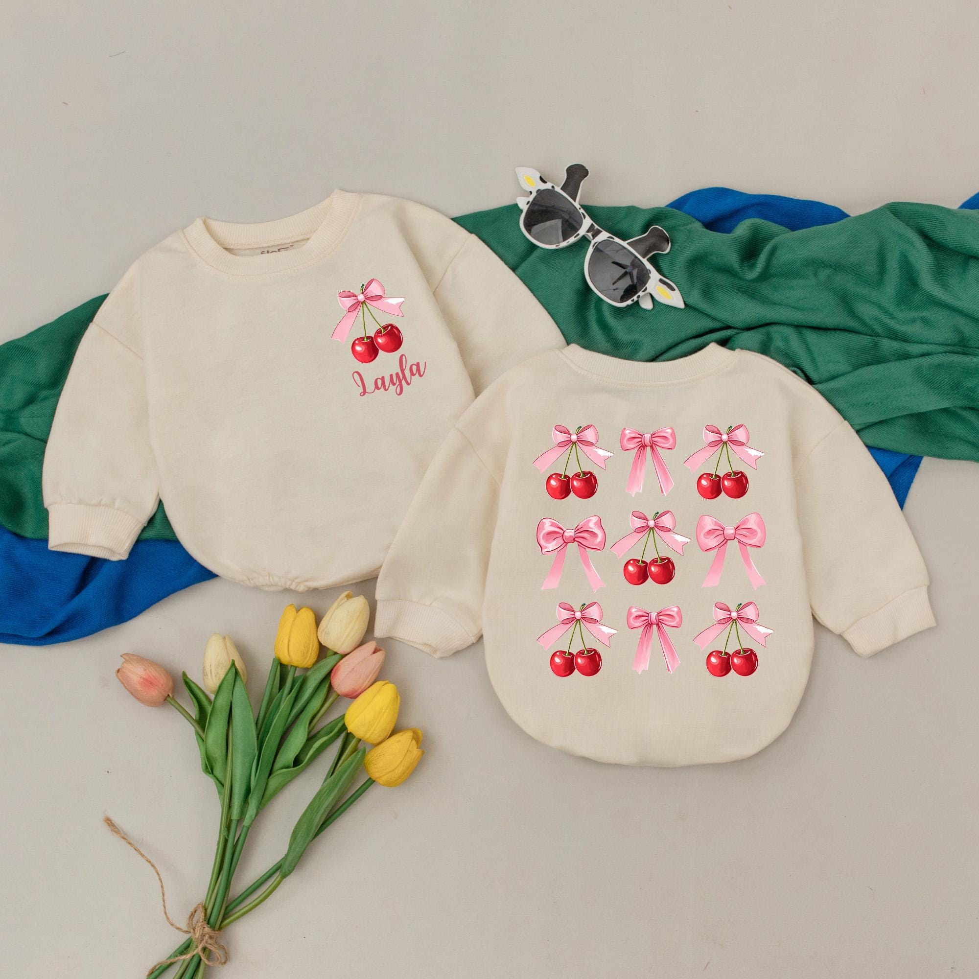 Personalized Cherry Bow Romper Infant Girls Sweet Birthday Outfit Soft Red Pink Cotton Design Baby Shower Gift