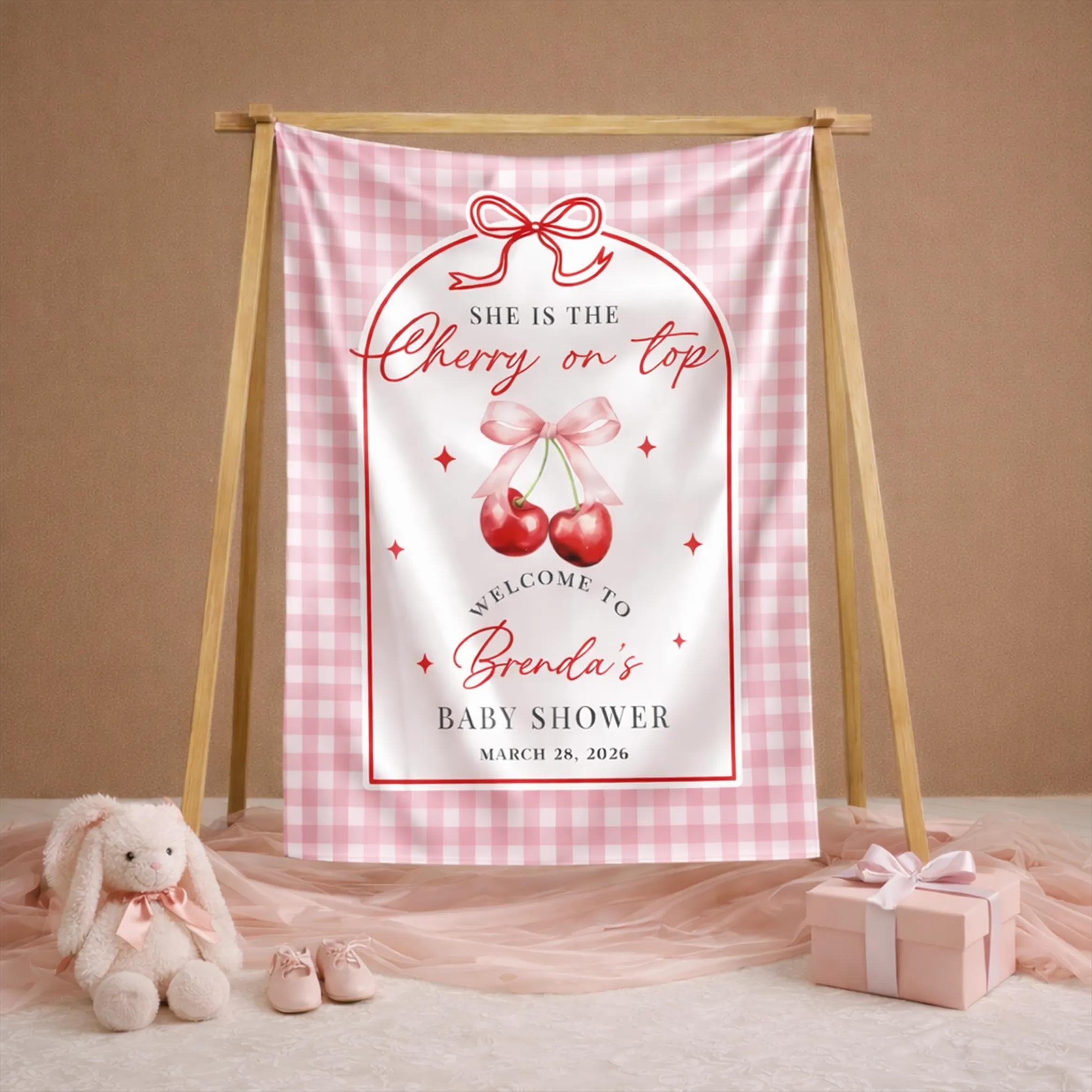 Personalized Cherry on Top Baby Shower Welcome Sign with Pink Bow and Gingham Border, Custom Girl Shower Decor for Brenda's Party