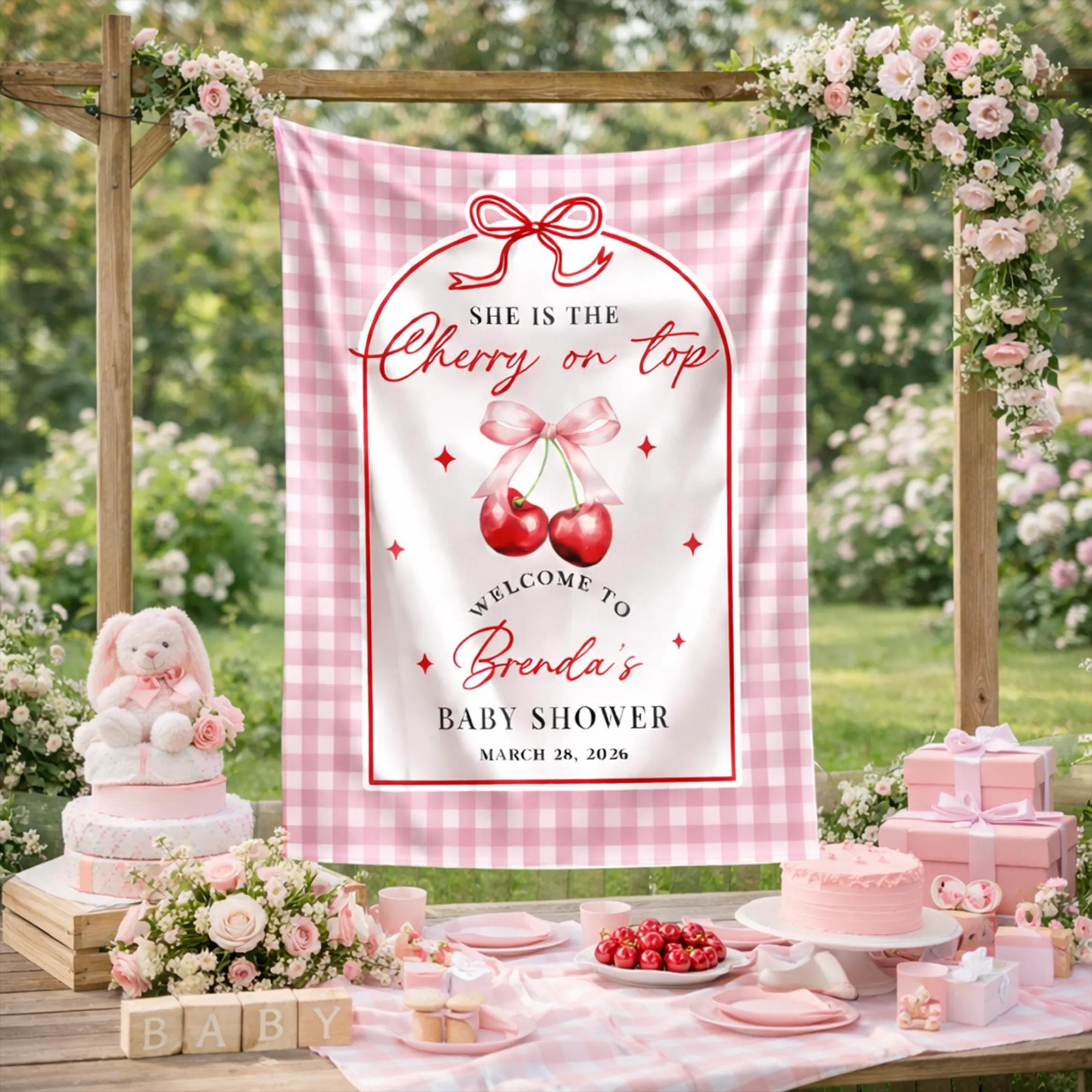 Personalized Cherry on Top Baby Shower Welcome Sign with Pink Bow and Gingham Border, Custom Girl Shower Decor for Brenda's Party