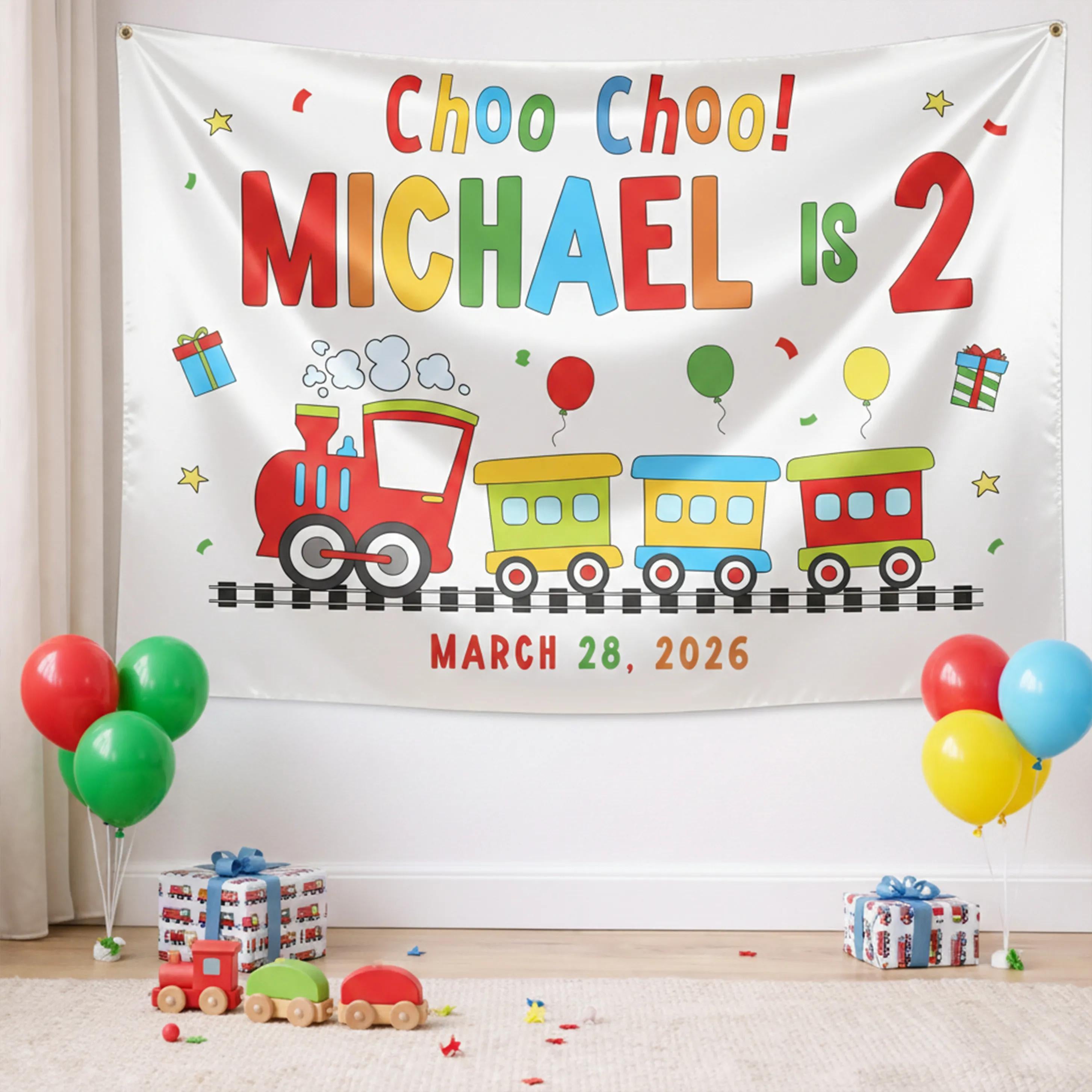 Personalized Choo Choo Train Birthday Banner for Toddler Boy Party, Railway Theme Custom Name Backdrop Decoration March 28, 2026