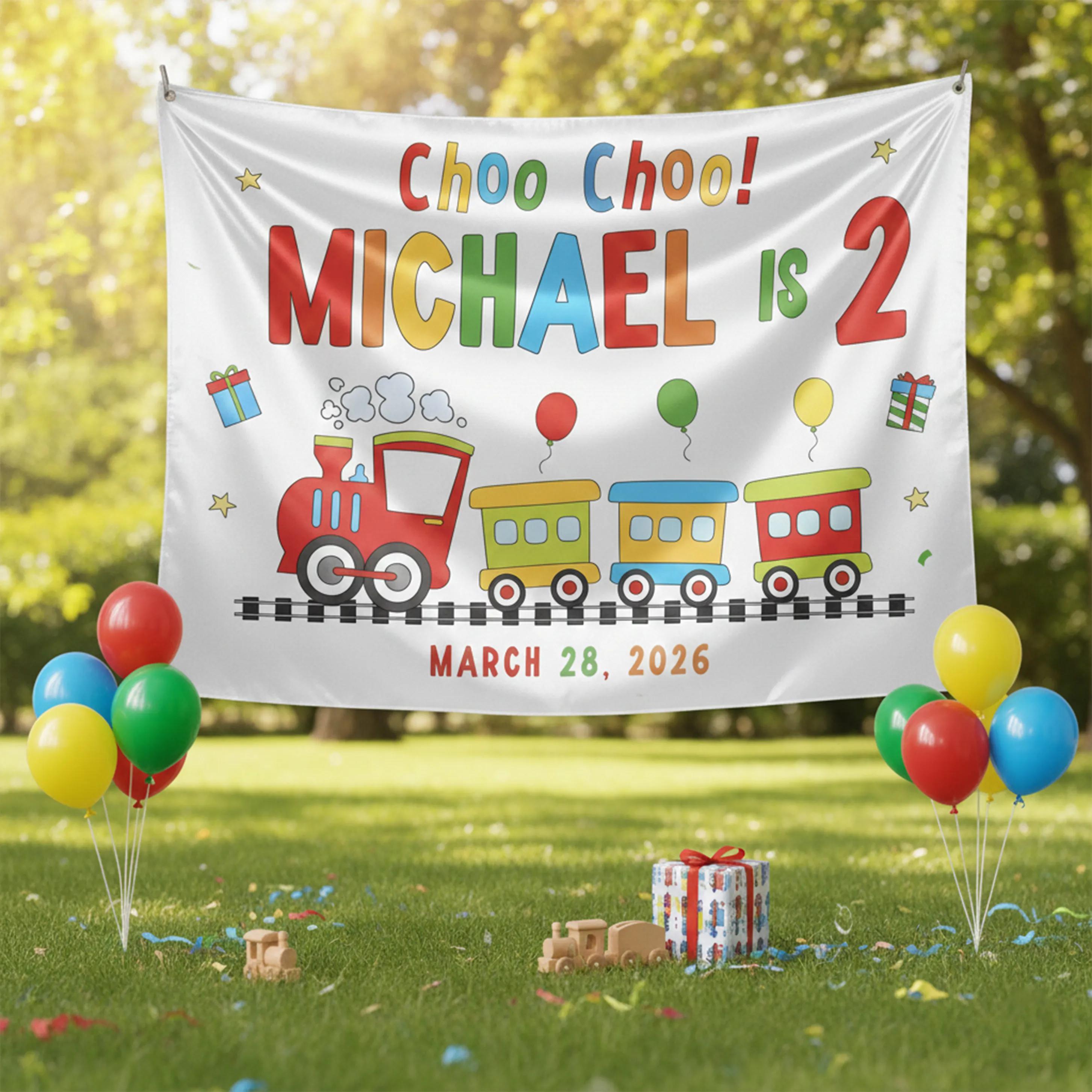 Personalized Choo Choo Train Birthday Banner for Toddler Boy Party, Railway Theme Custom Name Backdrop Decoration March 28, 2026