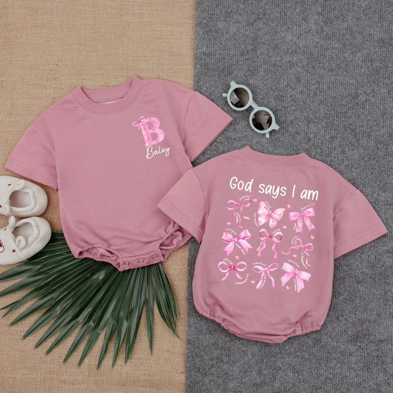 Personalized Christian Toddler Romper - God Says I Am Design with Bows & Butterflies, Soft Cotton Baby Outfit, Custom Baby Girl Gift
