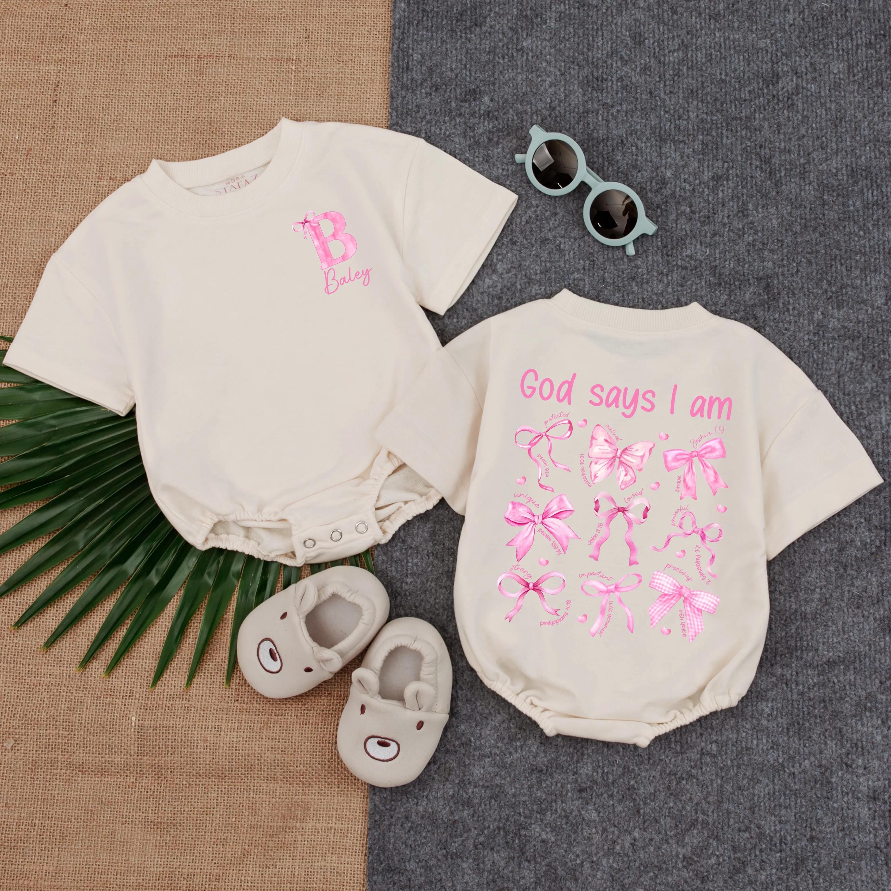 Personalized Christian Girl Romper Soft Pink Bailey Design Toddler Outfit God Says I Am with Bows Butterflies Sweet Faith Gift