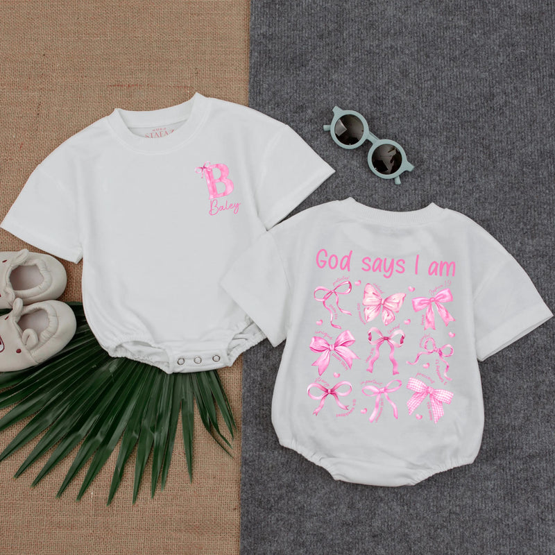 Personalized Christian Toddler Romper - God Says I Am Design with Bows & Butterflies, Soft Cotton Baby Outfit, Custom Baby Girl Gift