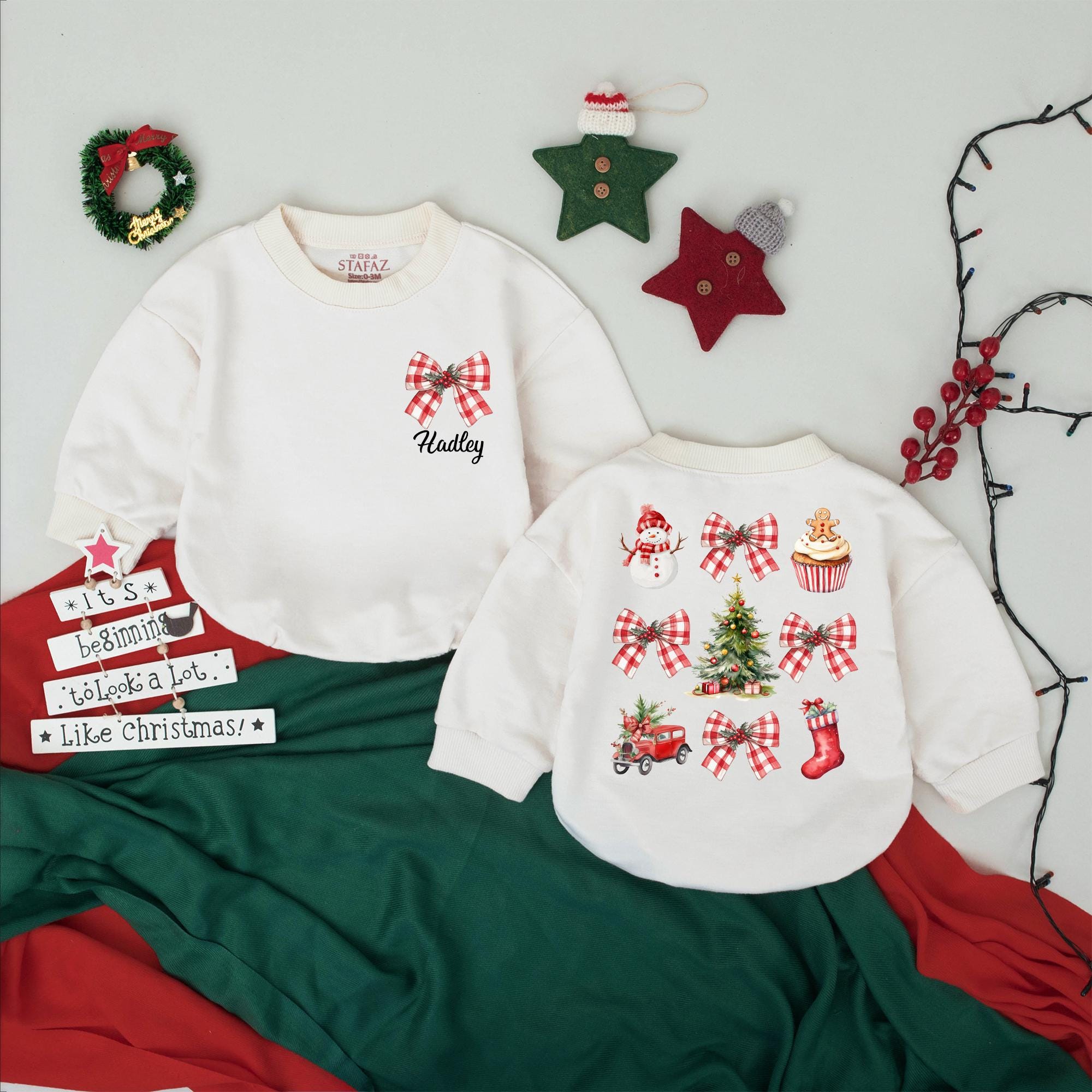 Personalized Christmas Baby Romper with Plaid Bow Vintage Holiday Outfit Custom Name Infant First Christmas Gift