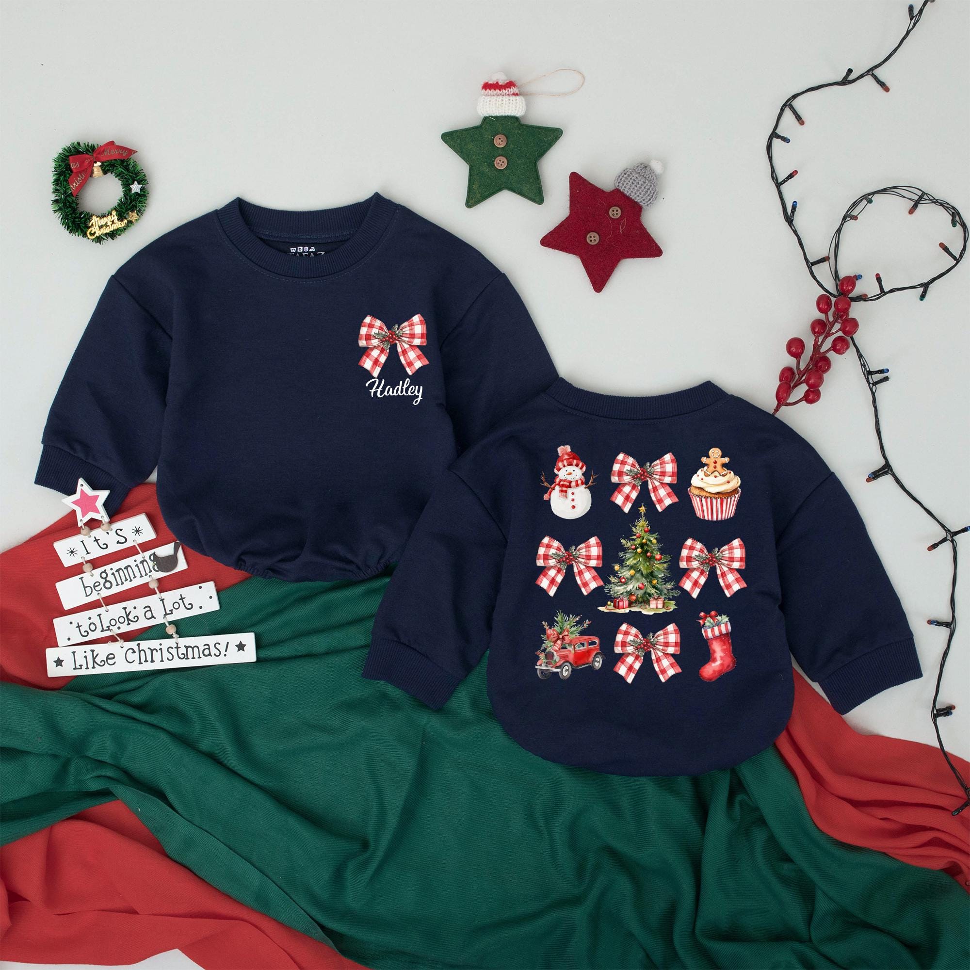 Personalized Christmas Baby Romper with Plaid Bow Vintage Holiday Outfit Custom Name Infant First Christmas Gift