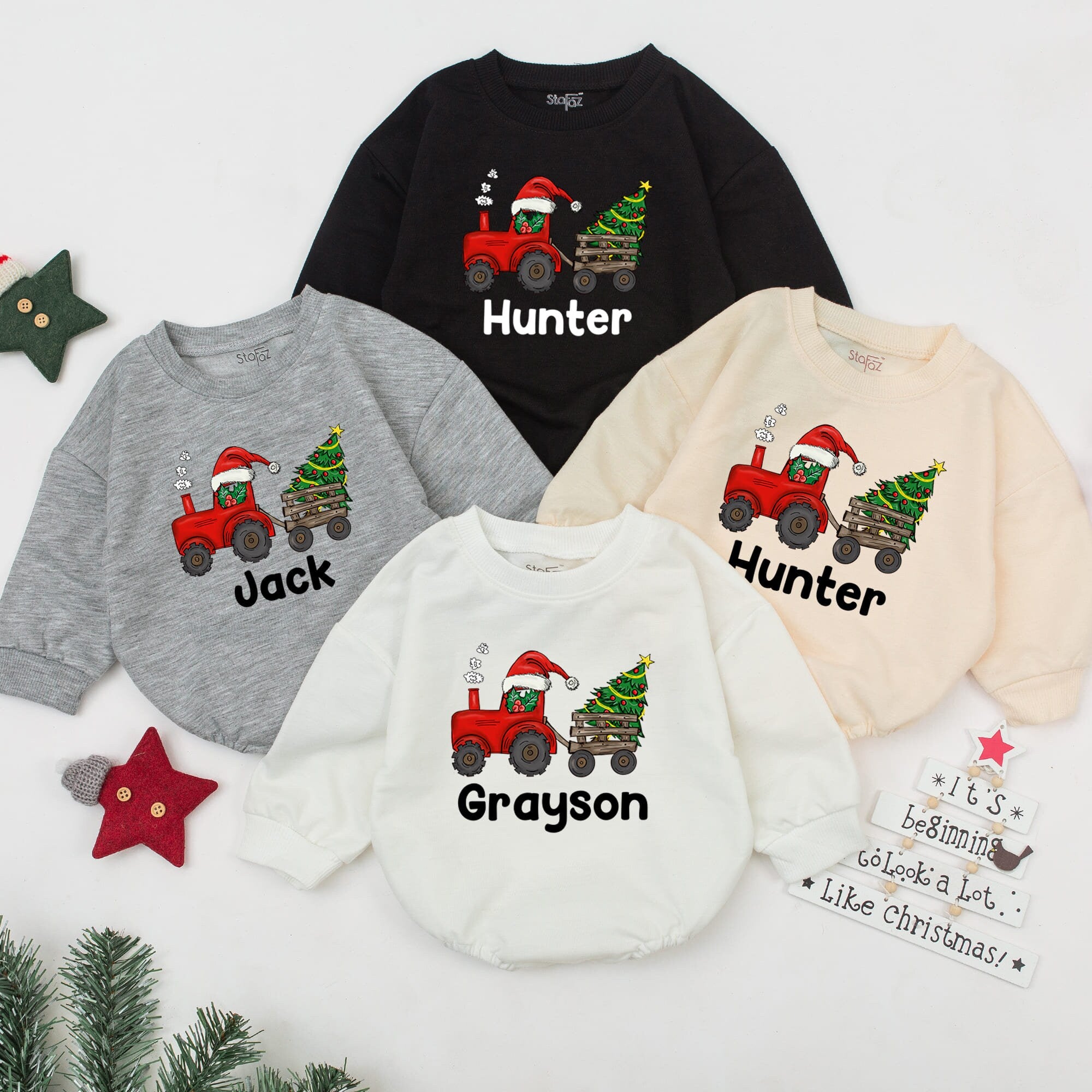 Personalized Christmas Baby Romper with Red Tractor Santa Hat Holiday Outfit Infant Boy Hunter Gift Soft Cotton Festive Tree Design