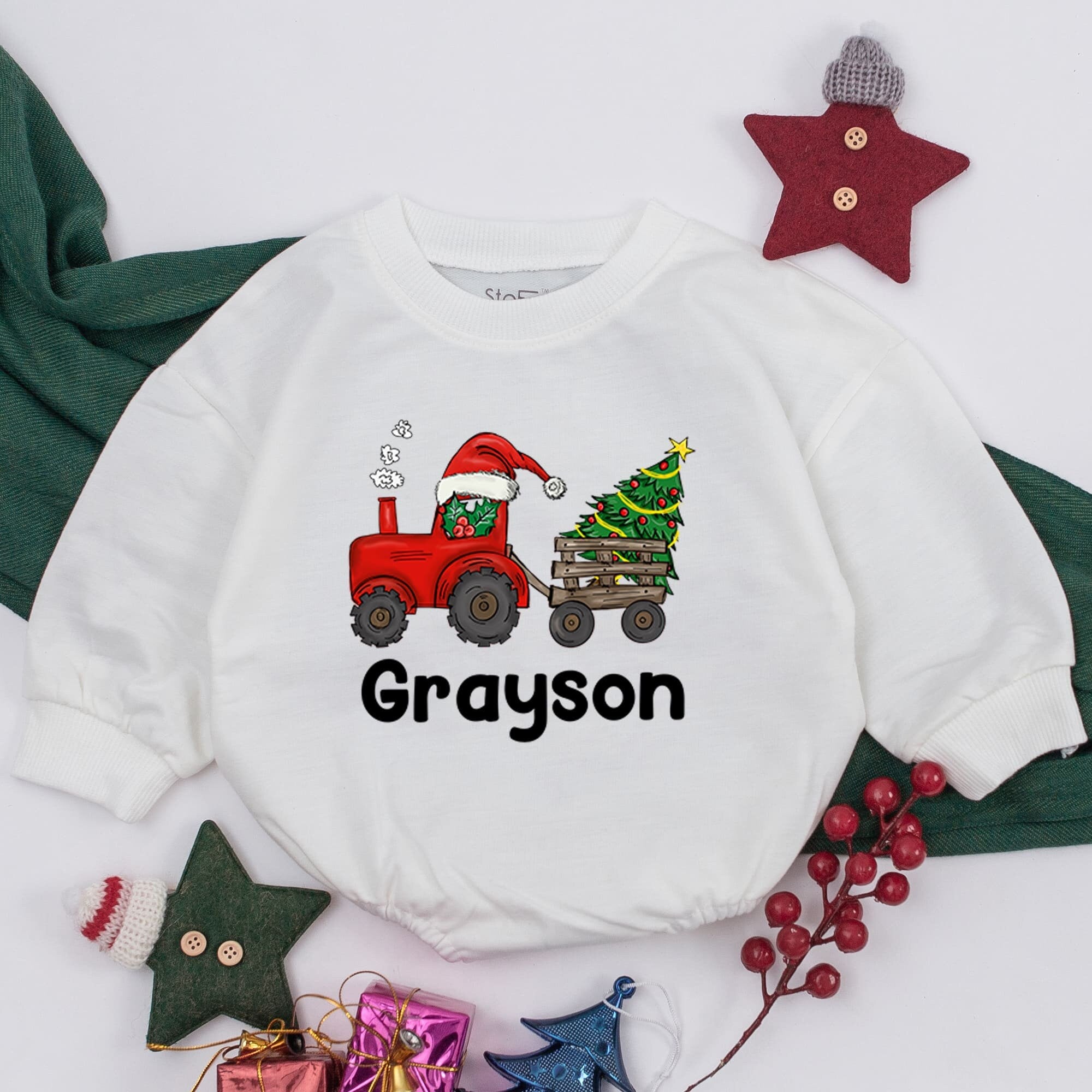 Personalized Christmas Baby Romper with Red Tractor Santa Hat Holiday Outfit Infant Boy Hunter Gift Soft Cotton Festive Tree Design