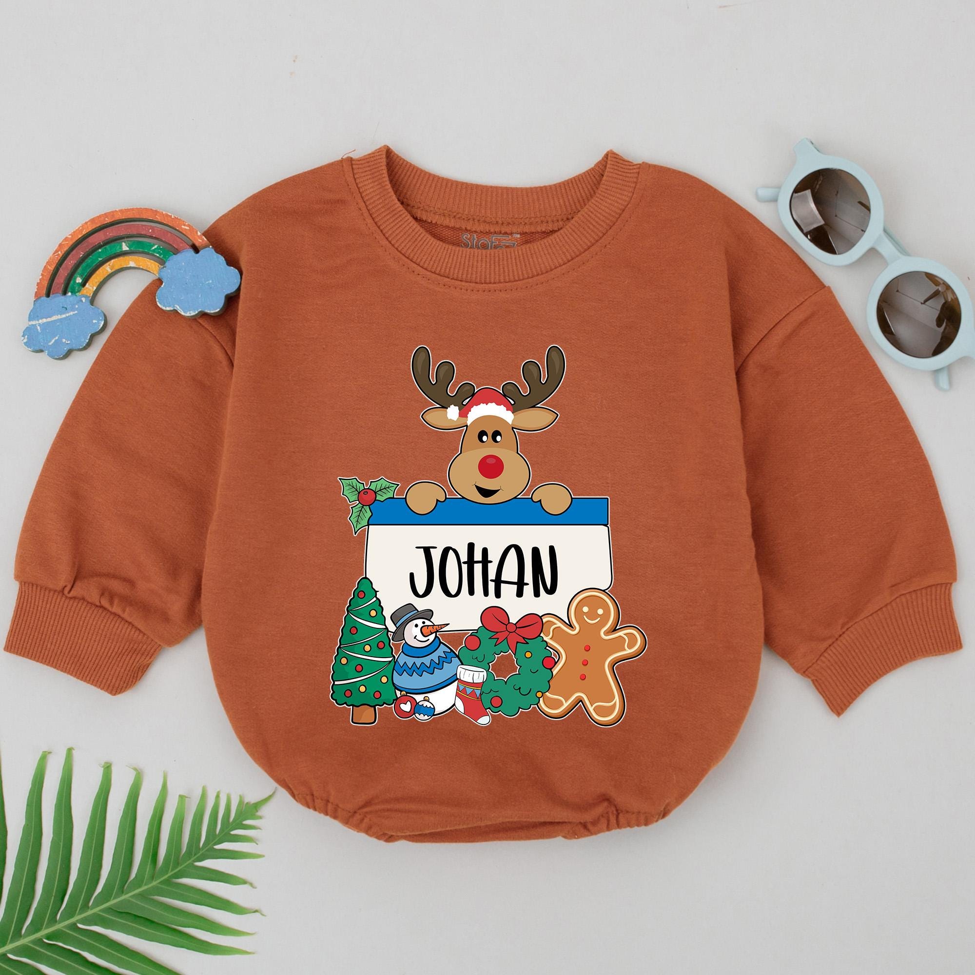 Personalized Christmas Baby Romper with Reindeer and Nameplate Holiday Outfit Soft Cotton Newborn Boys 1st Xmas Gift Baby Shower Present