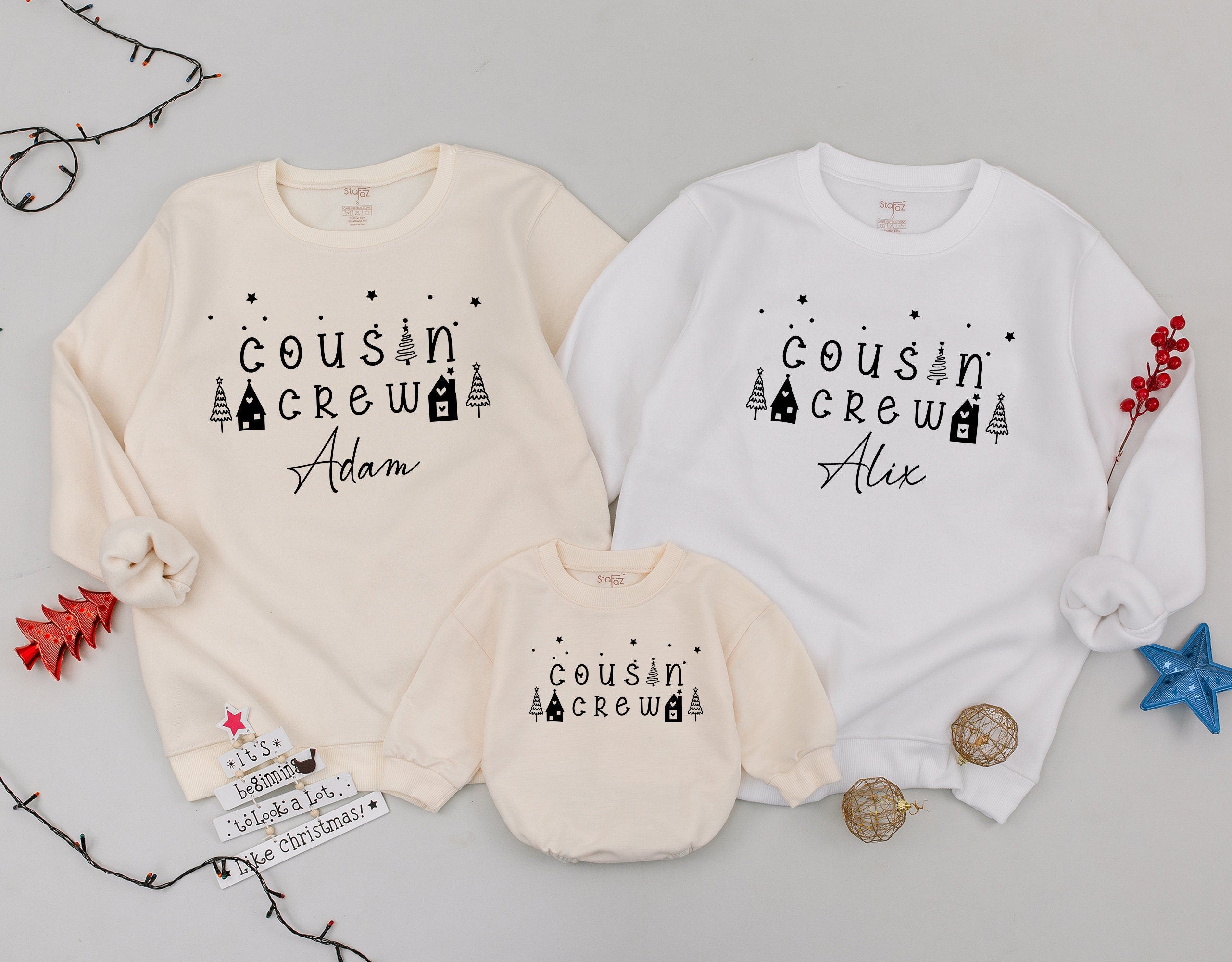 Personalized Christmas Cousin Crew Sweatshirts Retro Style Family Matching Toddler Holiday Sweaters Custom Name Festive Monochrome Design