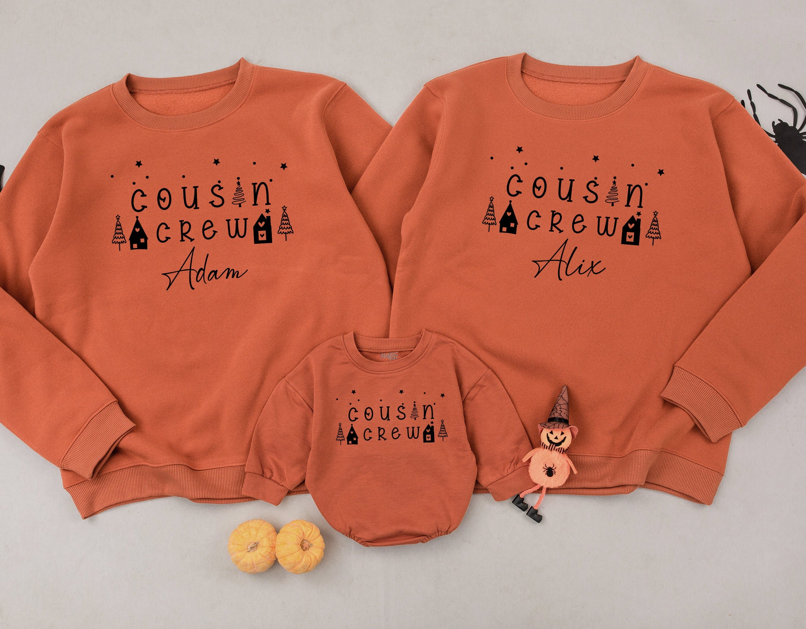 Personalized Christmas Cousin Crew Sweatshirts Retro Style Family Matching Toddler Holiday Sweaters Custom Name Festive Monochrome Design