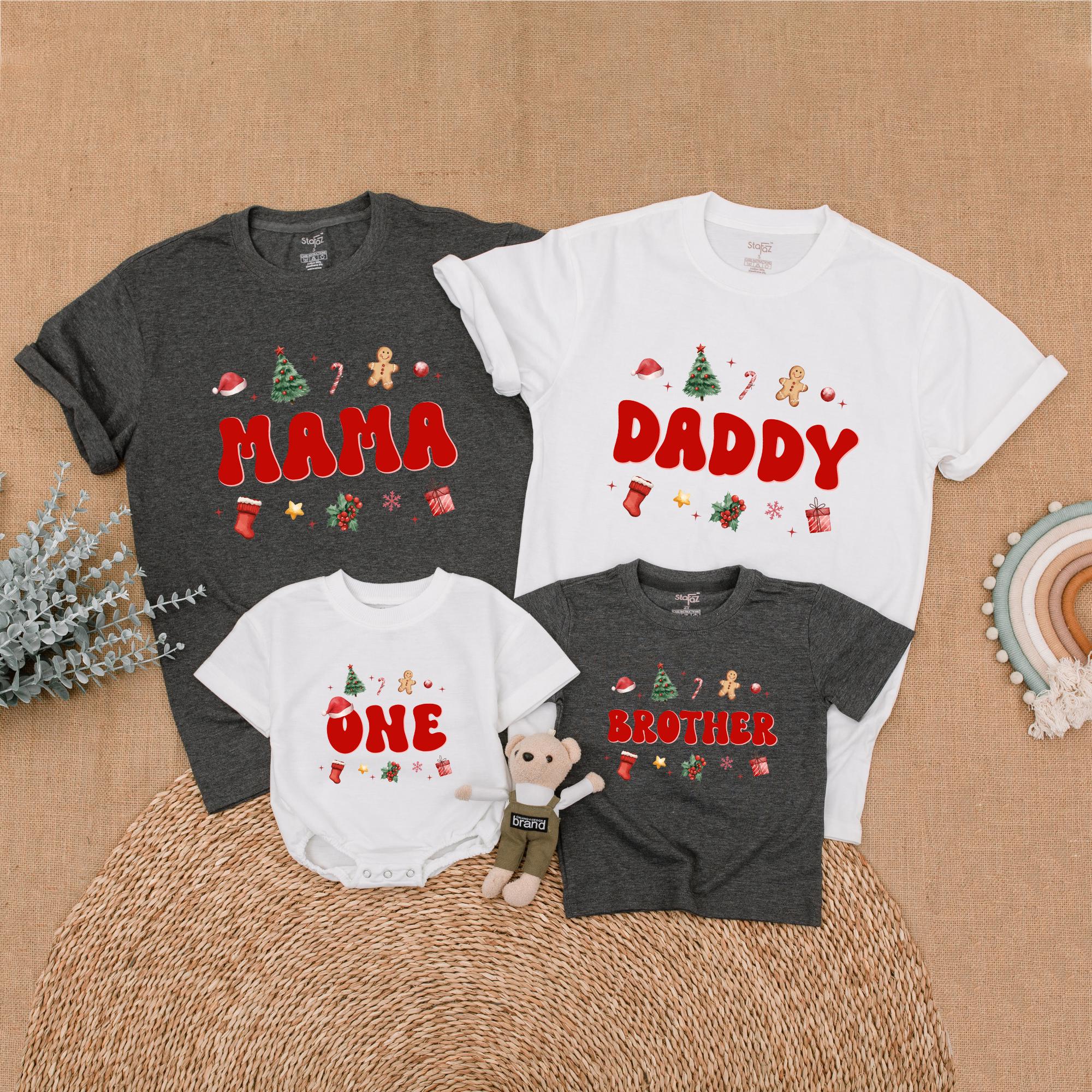 Personalized Christmas Family Shirts Bold Festive Design Holiday Matching Outfit for Baby Mom Dad Brother First Birthday Celebration