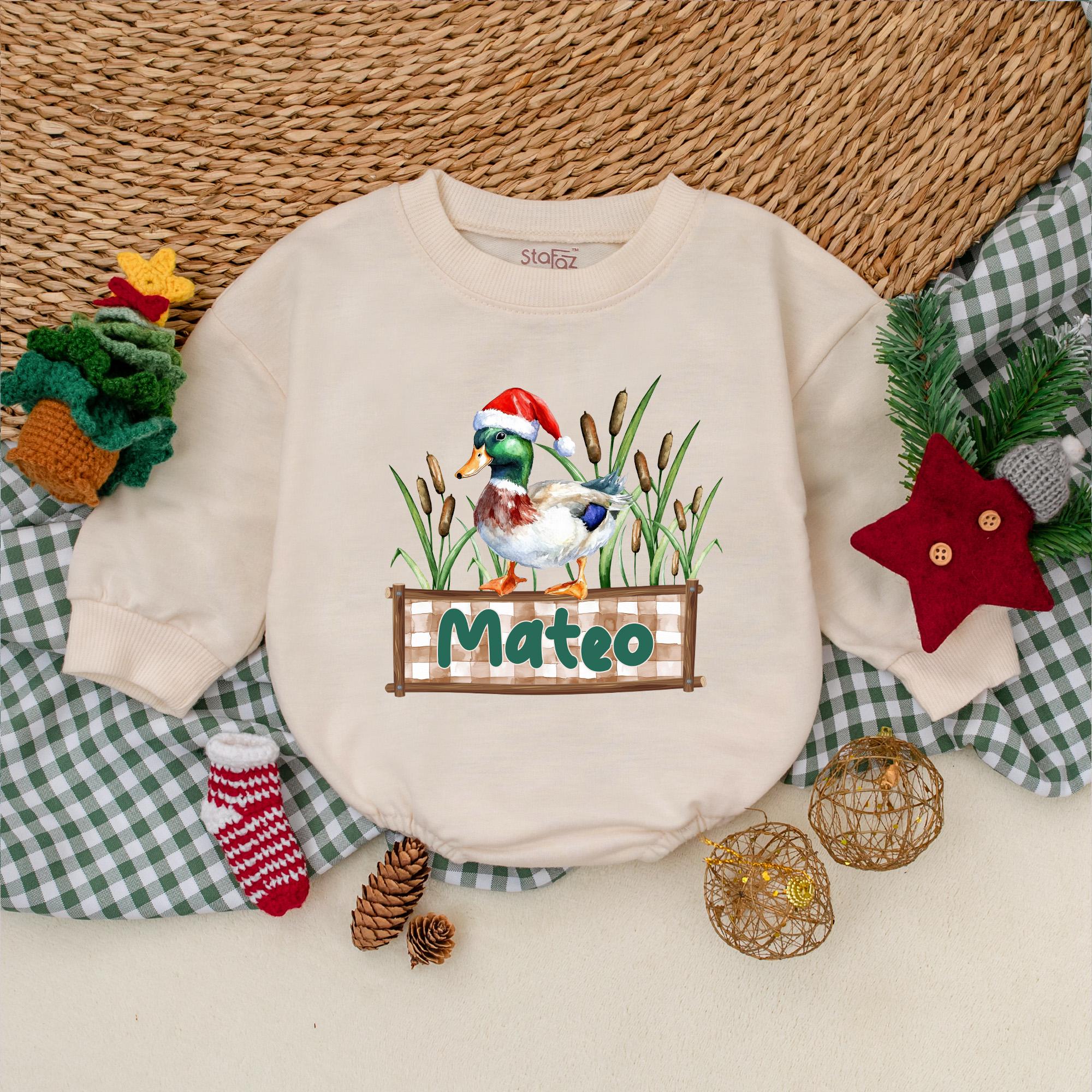 Personalized Christmas Mallard Duck Bodysuit for Baby Boys Mateo Holiday Outfit Festive Santa Hat Design with Plaid and Reeds