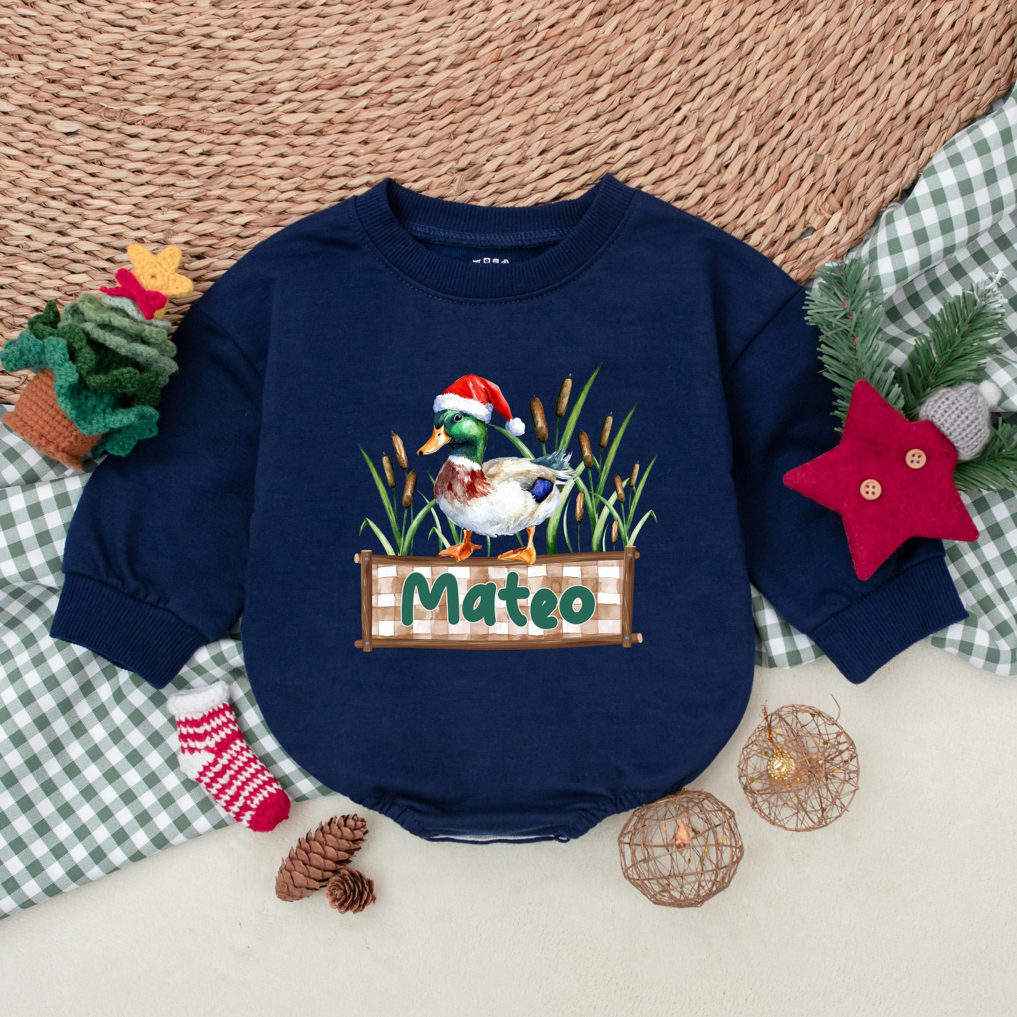 Personalized Christmas Mallard Duck Bodysuit for Baby Boys Mateo Holiday Outfit Festive Santa Hat Design with Plaid and Reeds
