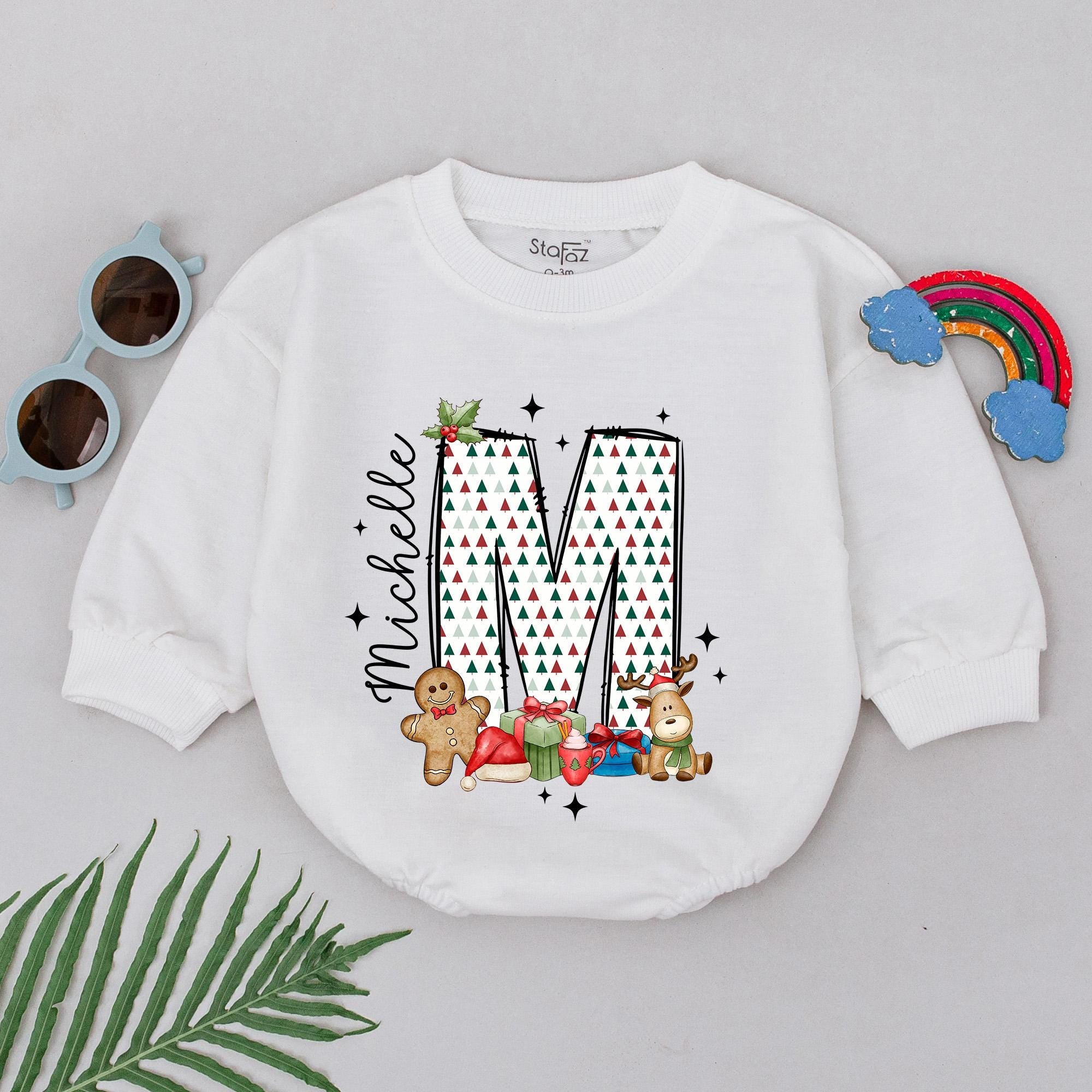 Personalized Christmas Romper with Festive 'M' Design Baby's 1st Holiday Outfit Soft Cotton for Girls Boys Birthday Gift Newborn Keepsake