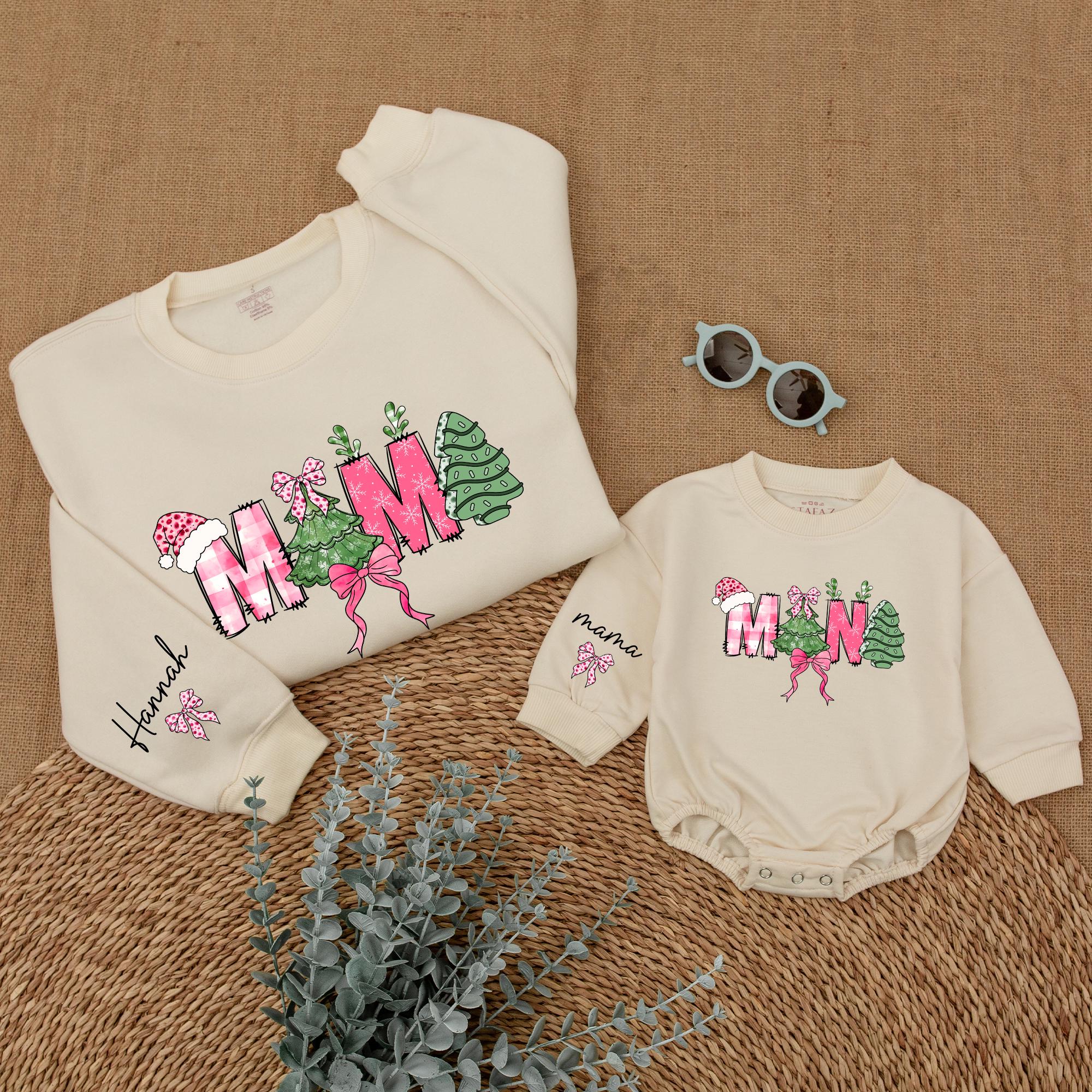 Personalized Christmas Tree Mom and Mini Sweatshirt Holiday Outfit Cozy Mommy and Me Family Matching Clothes Baby Girl Comfort Wear