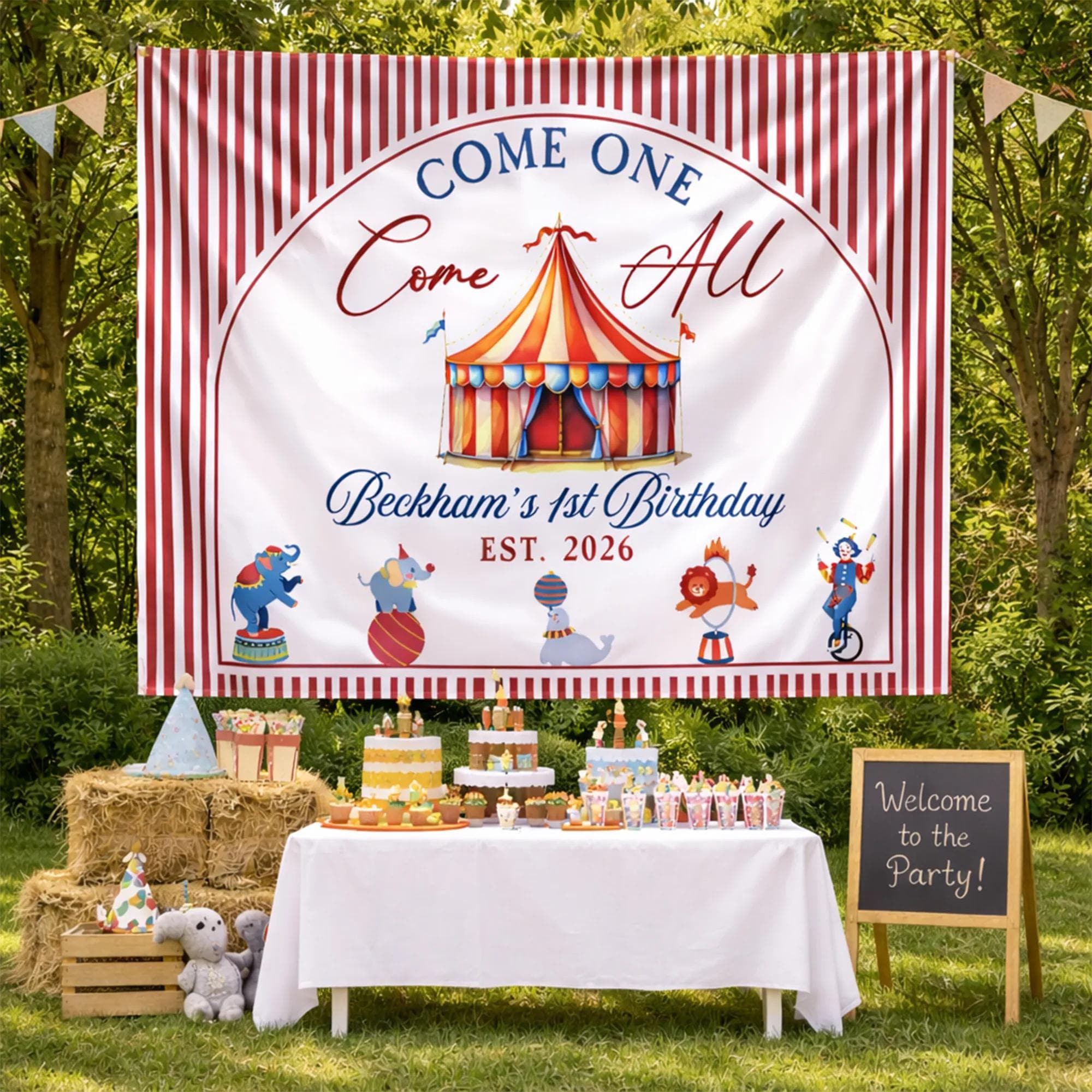 Personalized Circus Birthday Banner for Beckham's 1st Birthday, Vintage Big Top Tent Backdrop with Red Stripes and Whimsical Characters