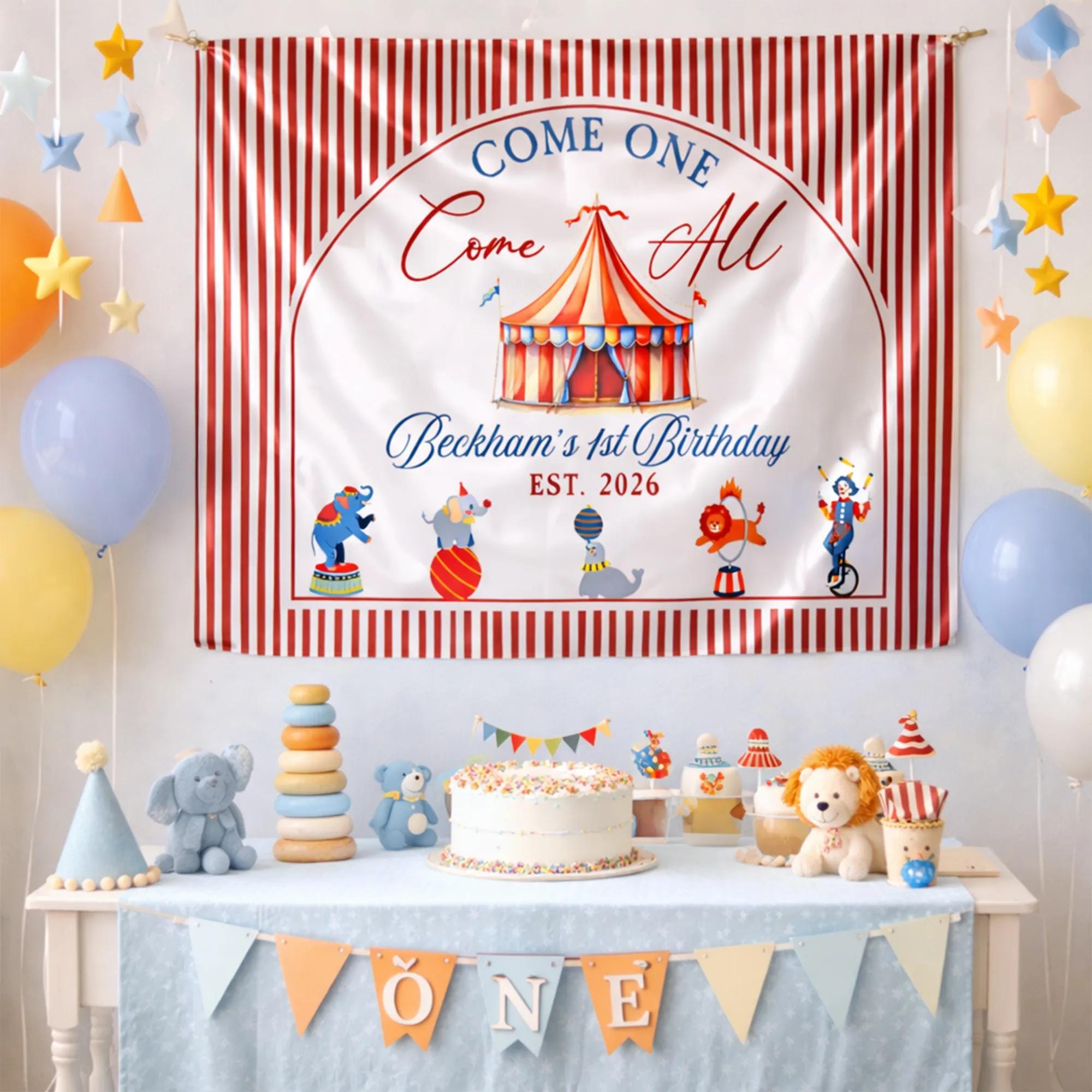 Personalized Circus Birthday Banner for Beckham's 1st Birthday, Vintage Big Top Tent Backdrop with Red Stripes and Whimsical Characters