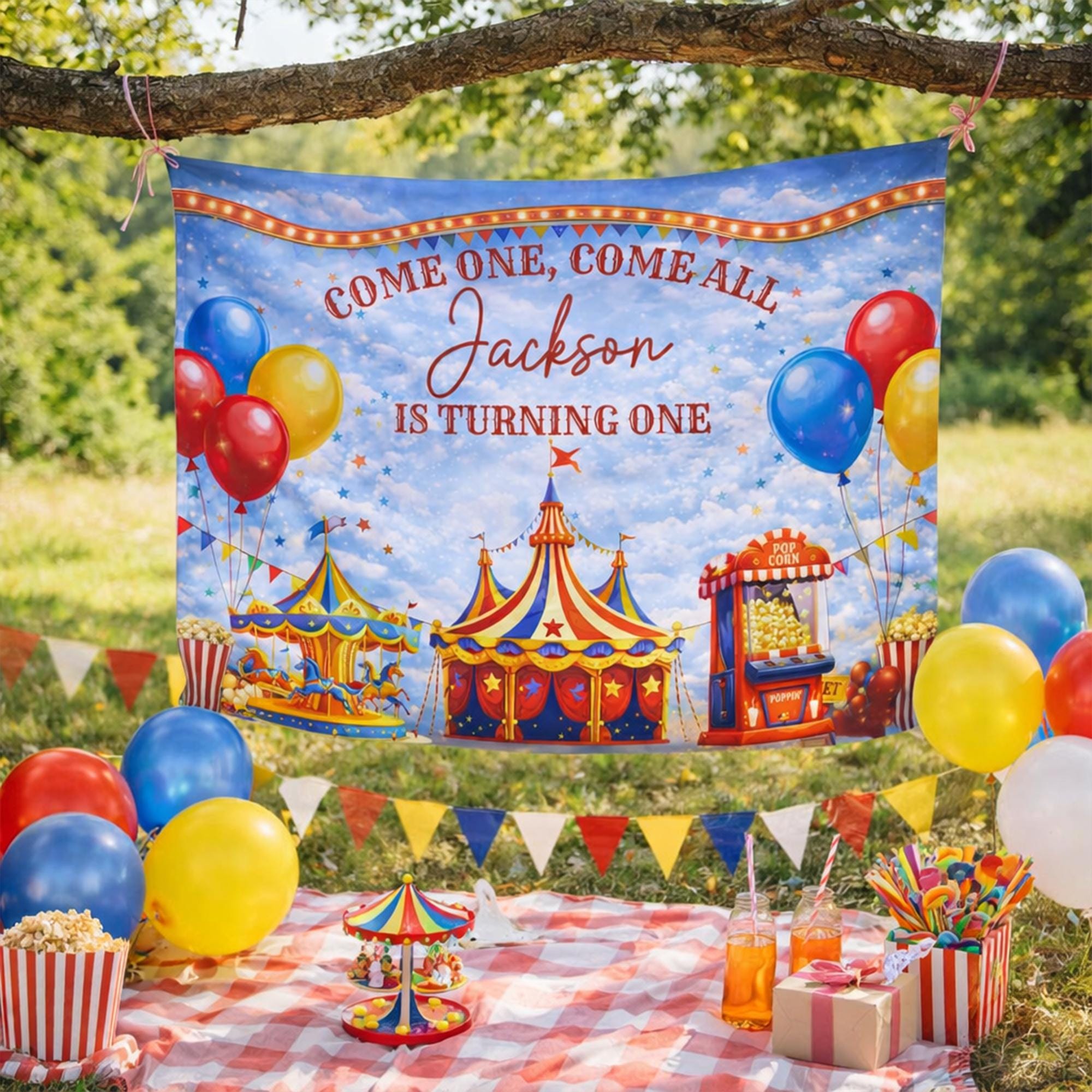 Personalized Circus Birthday Banner for Boys with Big Top Tent and Balloons Custom Party Decoration for First Birthday Celebration