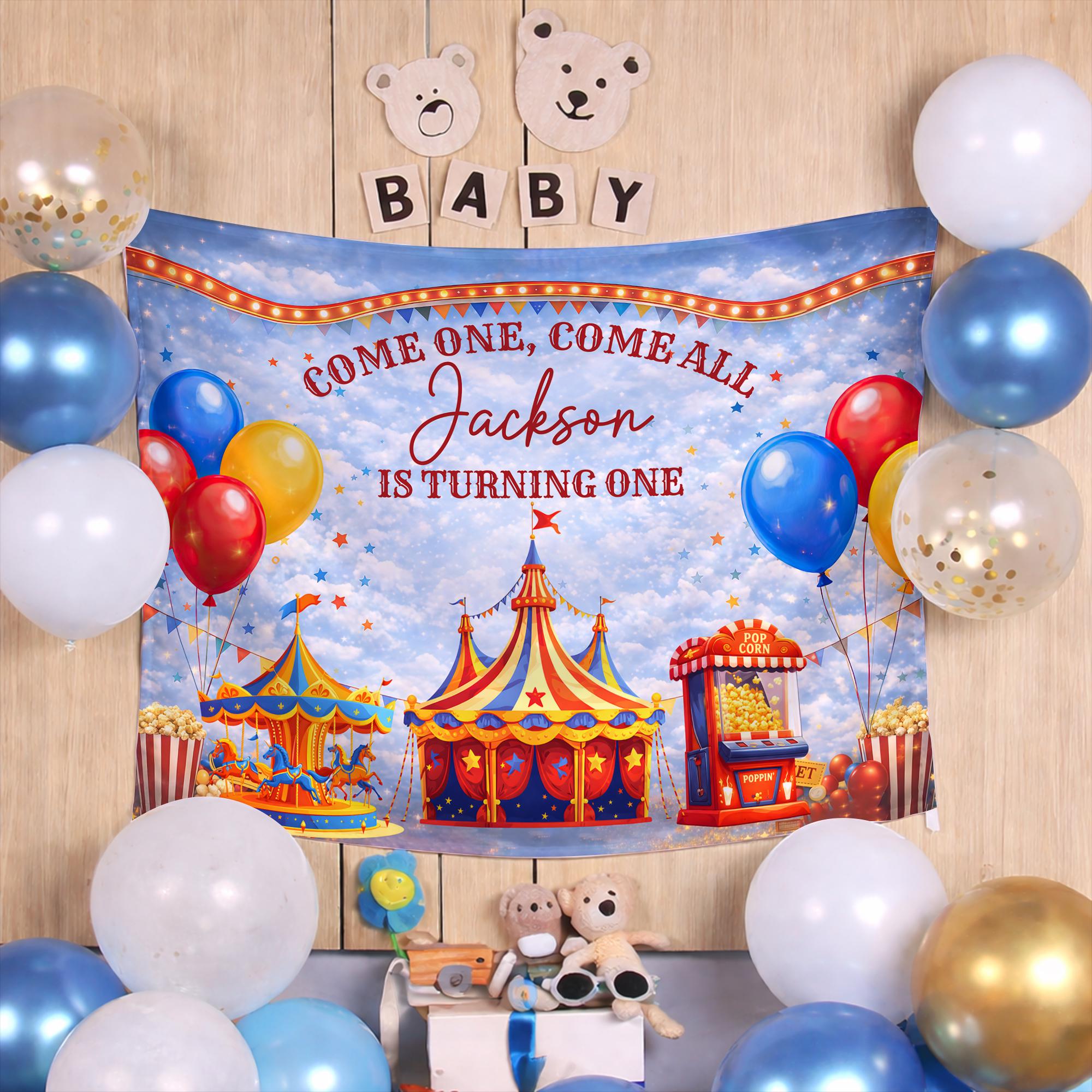 Personalized Circus Birthday Banner for Boys with Big Top Tent and Balloons Custom Party Decoration for First Birthday Celebration