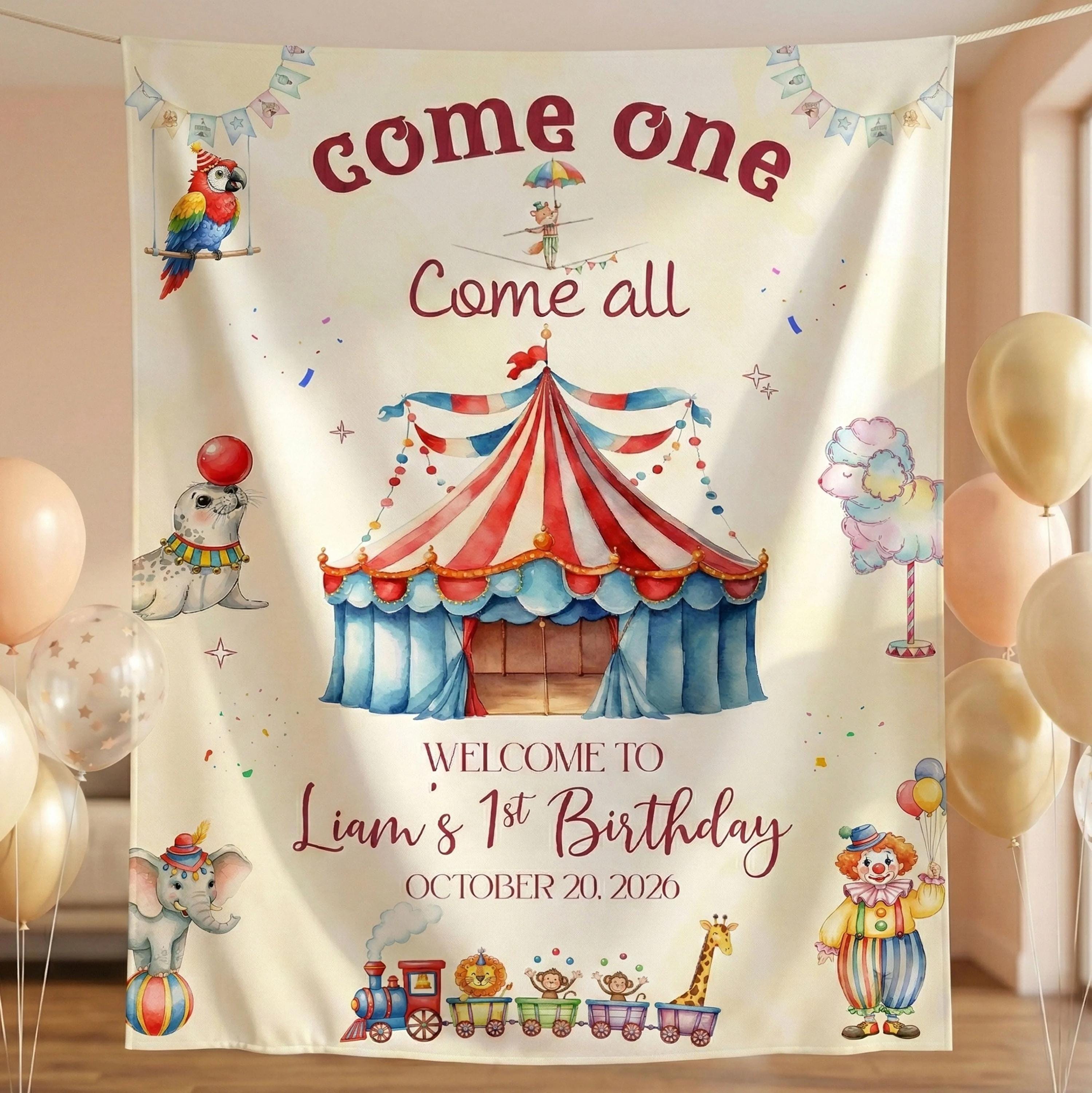 Personalized Circus Birthday Banner with Liam's Name and Date, Whimsical Big Top Tent Backdrop First Birthday Party Decoration