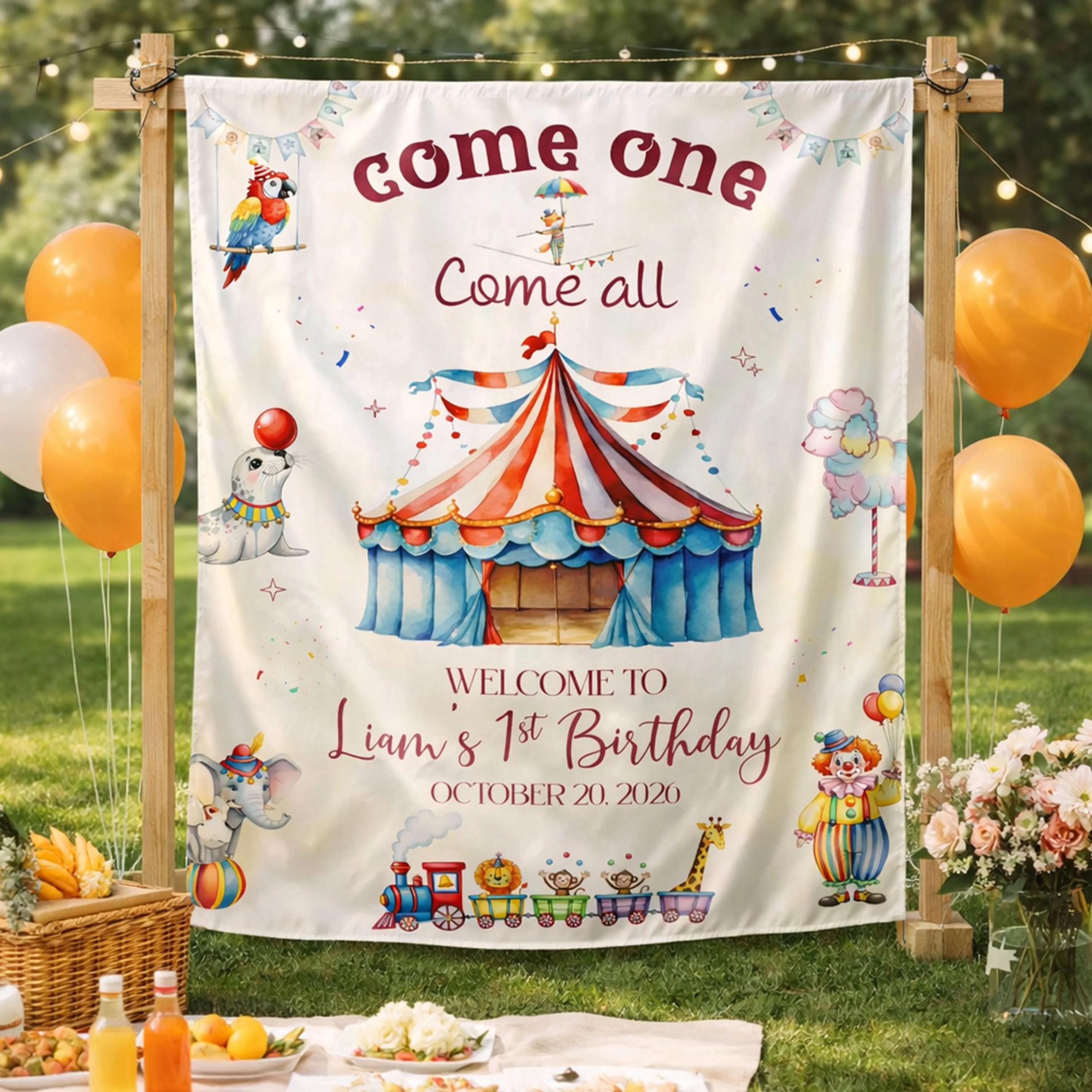 Personalized Circus Birthday Banner with Liam's Name and Date, Whimsical Big Top Tent Backdrop First Birthday Party Decoration