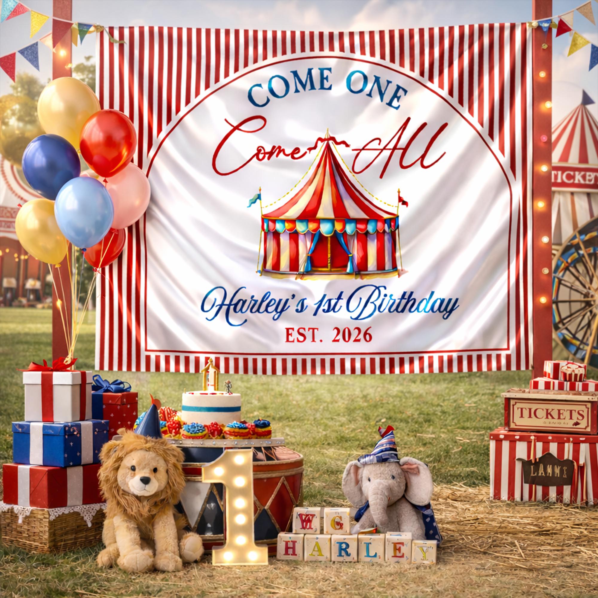 Personalized Circus Birthday Banner with Red Stripes Come One Come All Tent Design for Baby or Toddler 1st Birthday Party Backdrop Decor