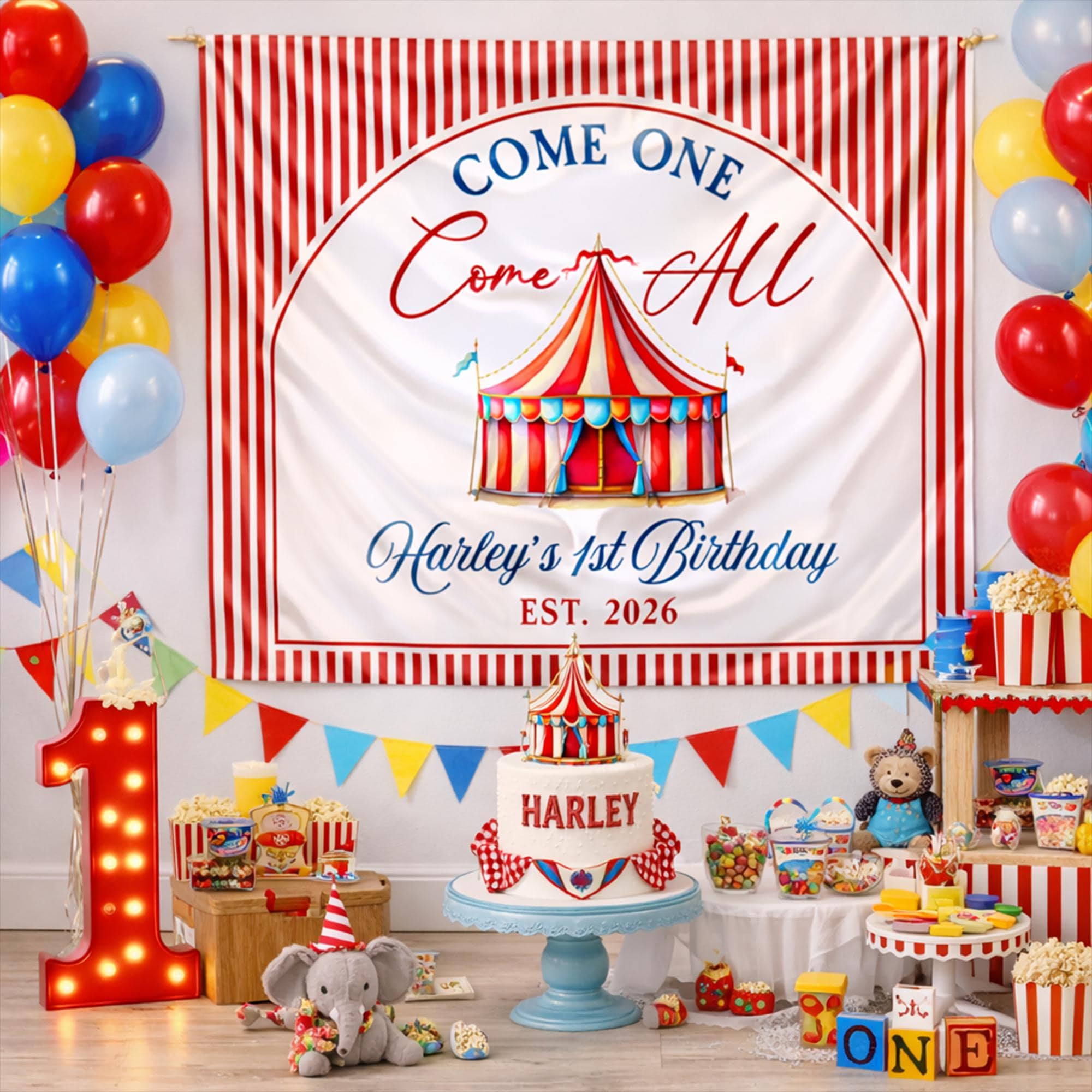 Personalized Circus Birthday Banner with Red Stripes Come One Come All Tent Design for Baby or Toddler 1st Birthday Party Backdrop Decor