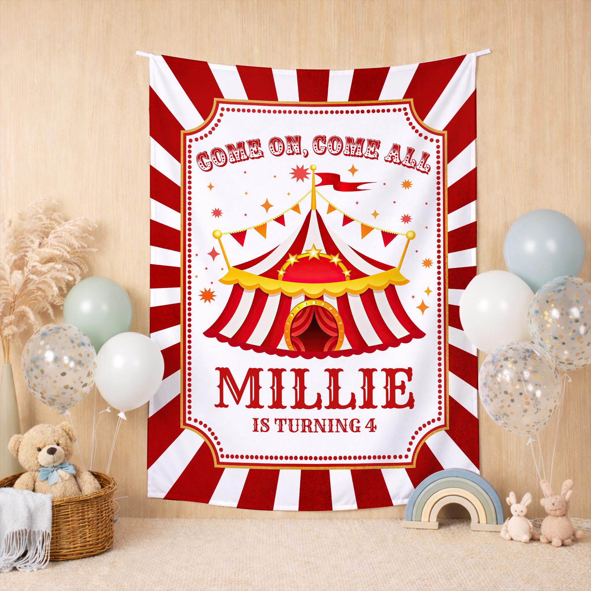 Personalized Circus Birthday Banner for Toddler Girls, Red and White Big Top Party Backdrop with Name, Festive 4th Birthday Decor