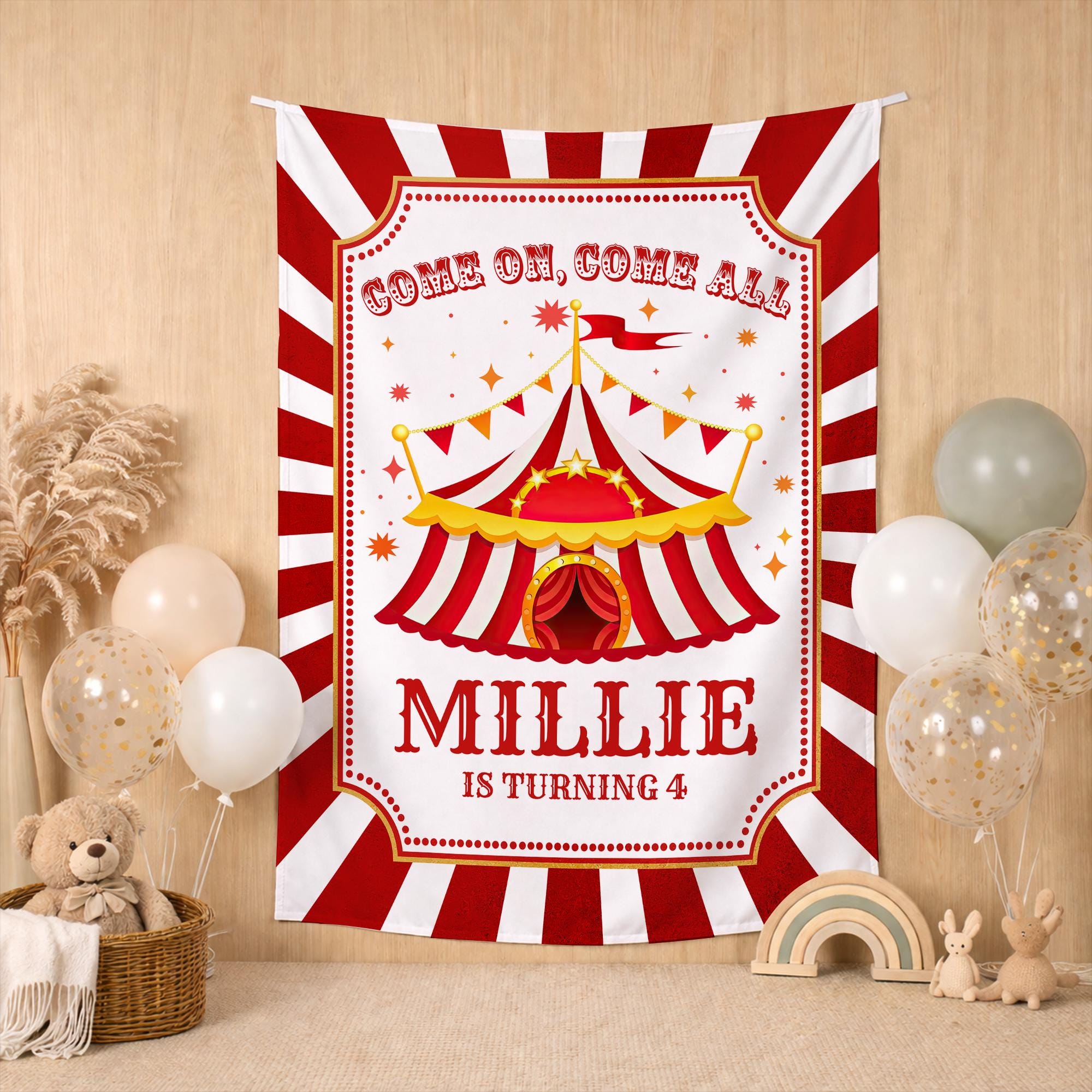 Personalized Circus Birthday Banner for Toddler Girls, Red and White Big Top Party Backdrop with Name, Festive 4th Birthday Decor