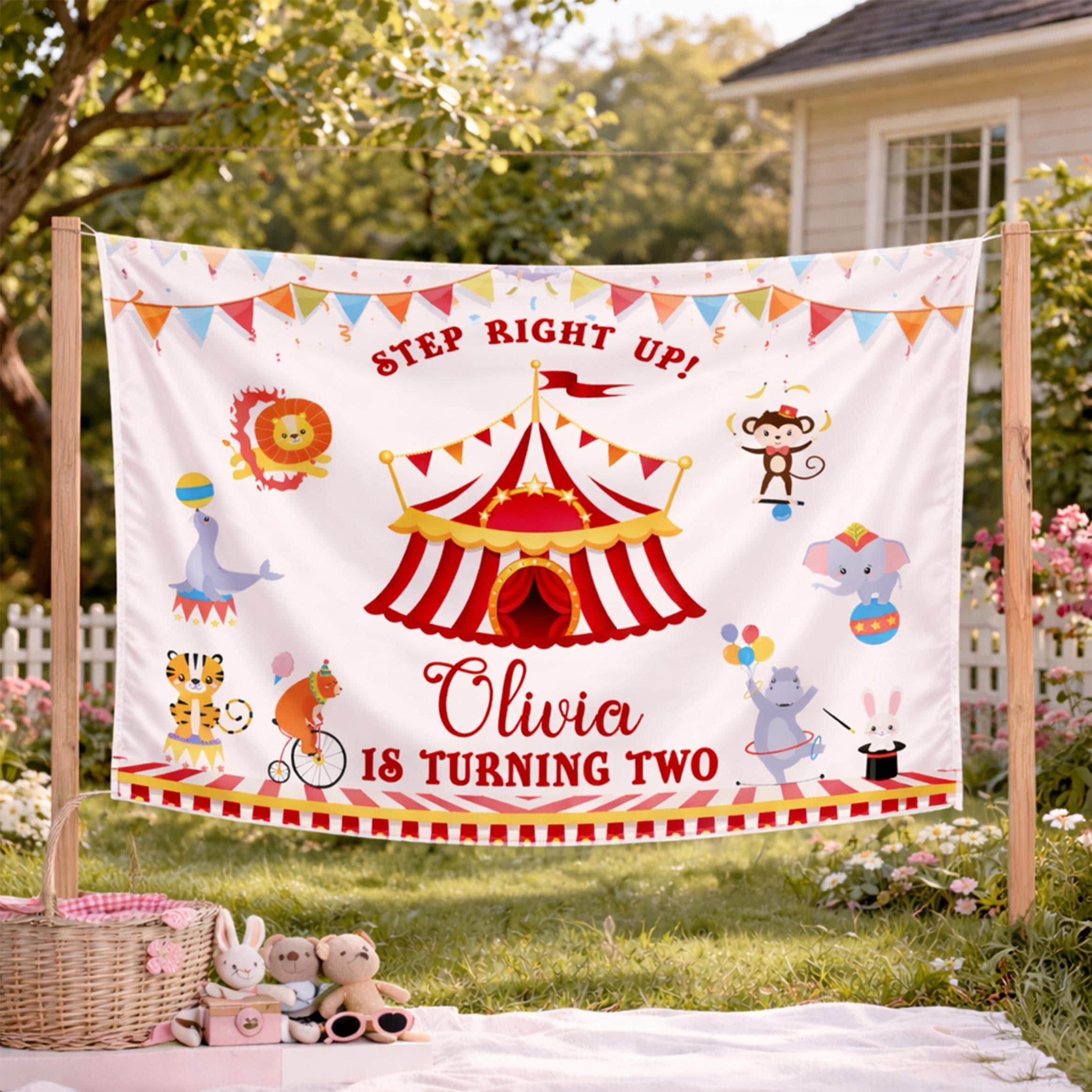 Personalized Circus Birthday Banner for Toddler Party, Custom Big Top Tent Sign with Animals, Turning Two Celebration Decor