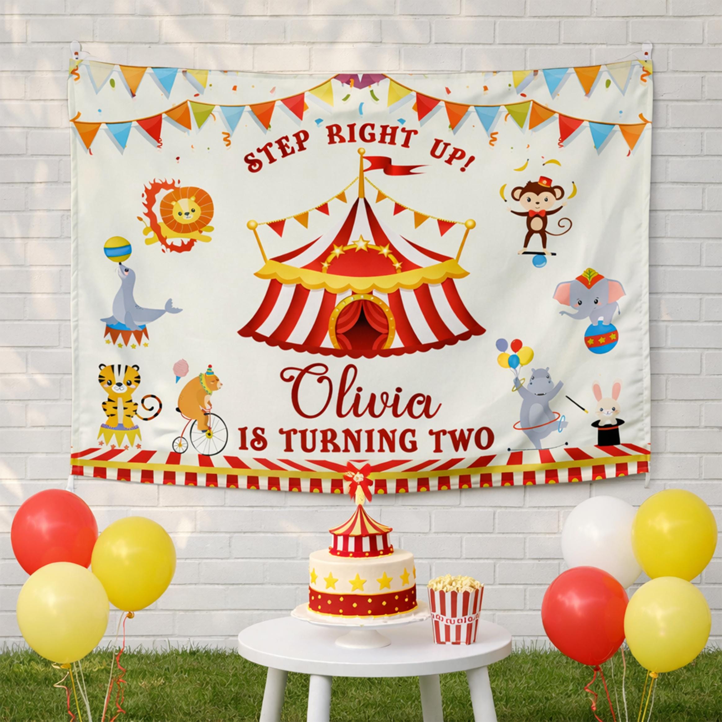 Personalized Circus Birthday Banner for Toddler Party, Custom Big Top Tent Sign with Animals, Turning Two Celebration Decor