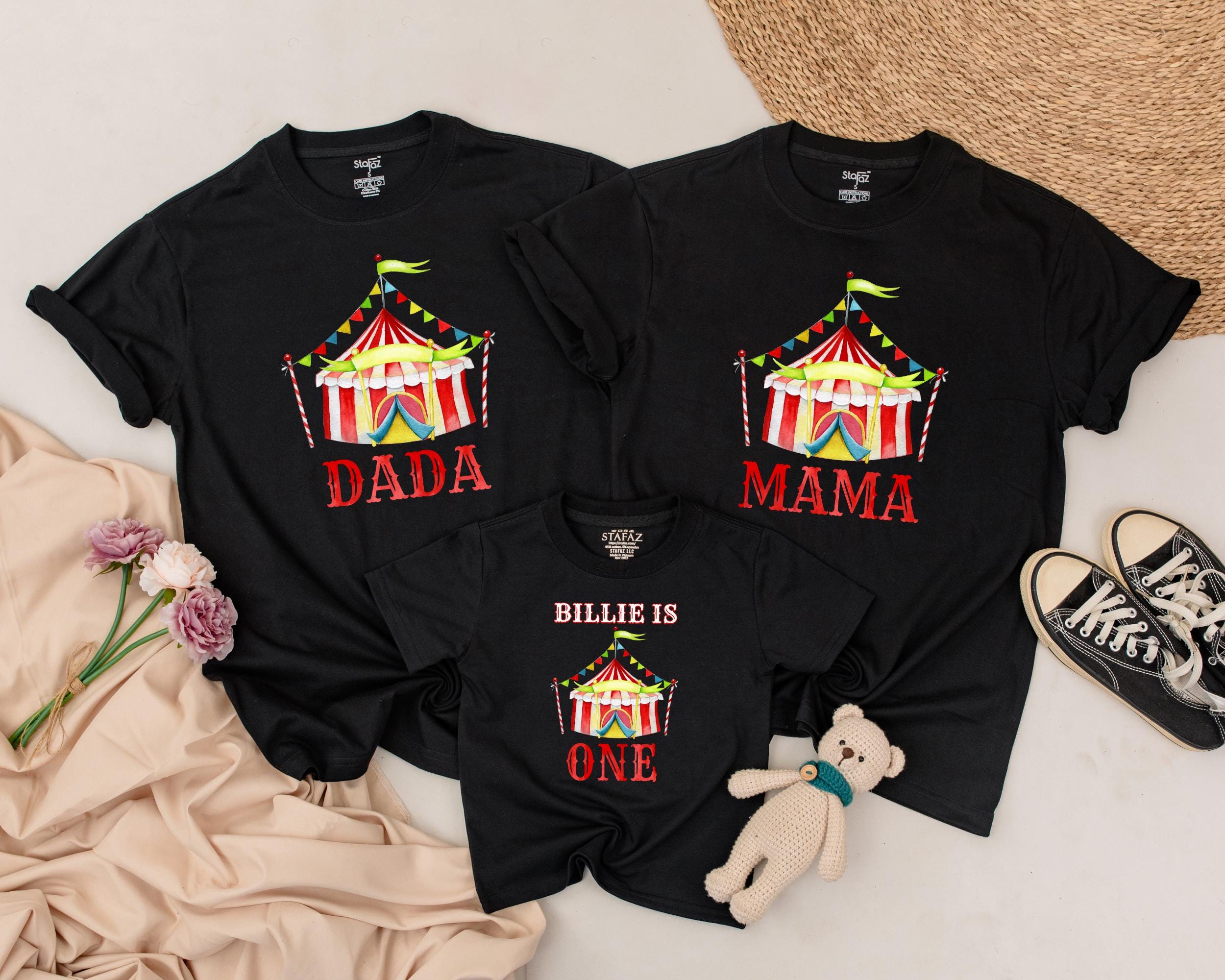 Personalized Circus Birthday Shirts Carnival Family Matching Boys 1st Outfit Colorful Tent Design Baby Bodysuit Mom Dad Brother