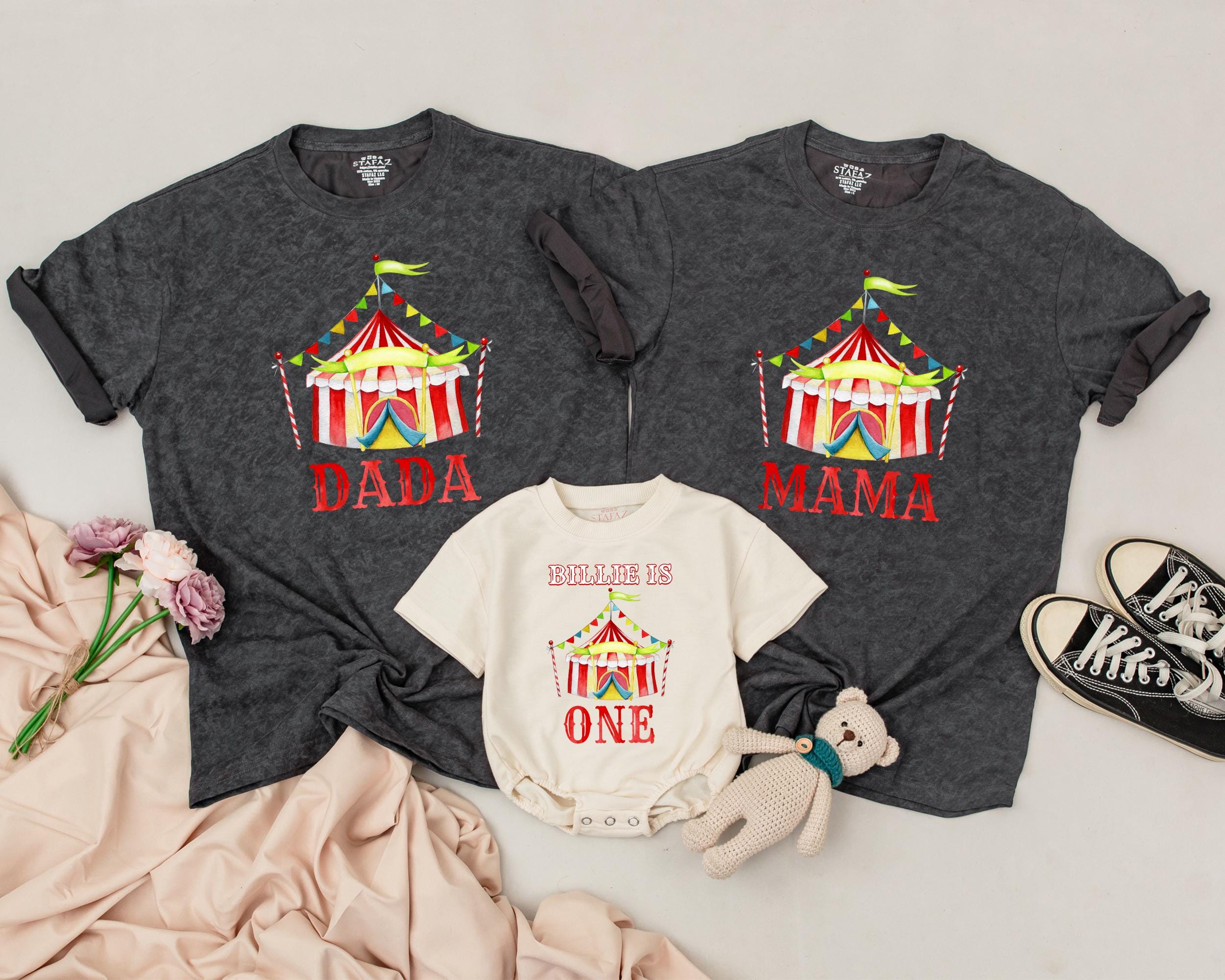 Personalized Circus Birthday Shirts Carnival Family Matching Boys 1st Outfit Colorful Tent Design Baby Bodysuit Mom Dad Brother