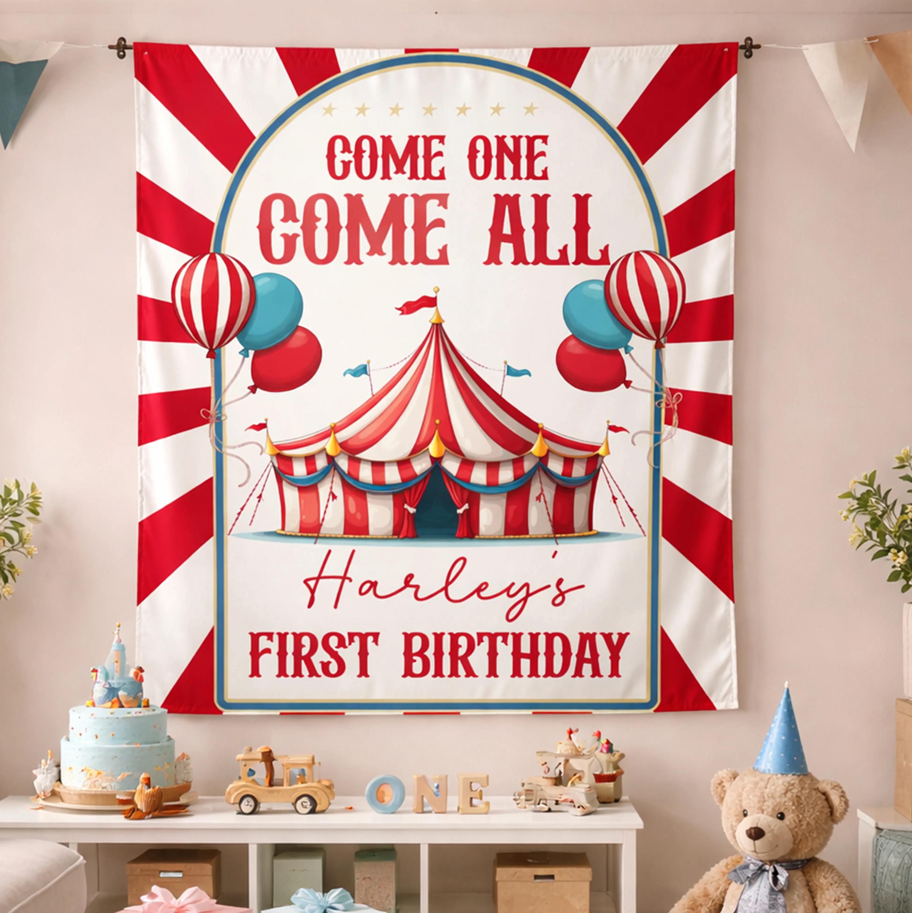 Personalized Circus Birthday Silk Banner with Arched Design Custom Name Carnival First Birthday Party Backdrop for Baby or Toddler Celebration