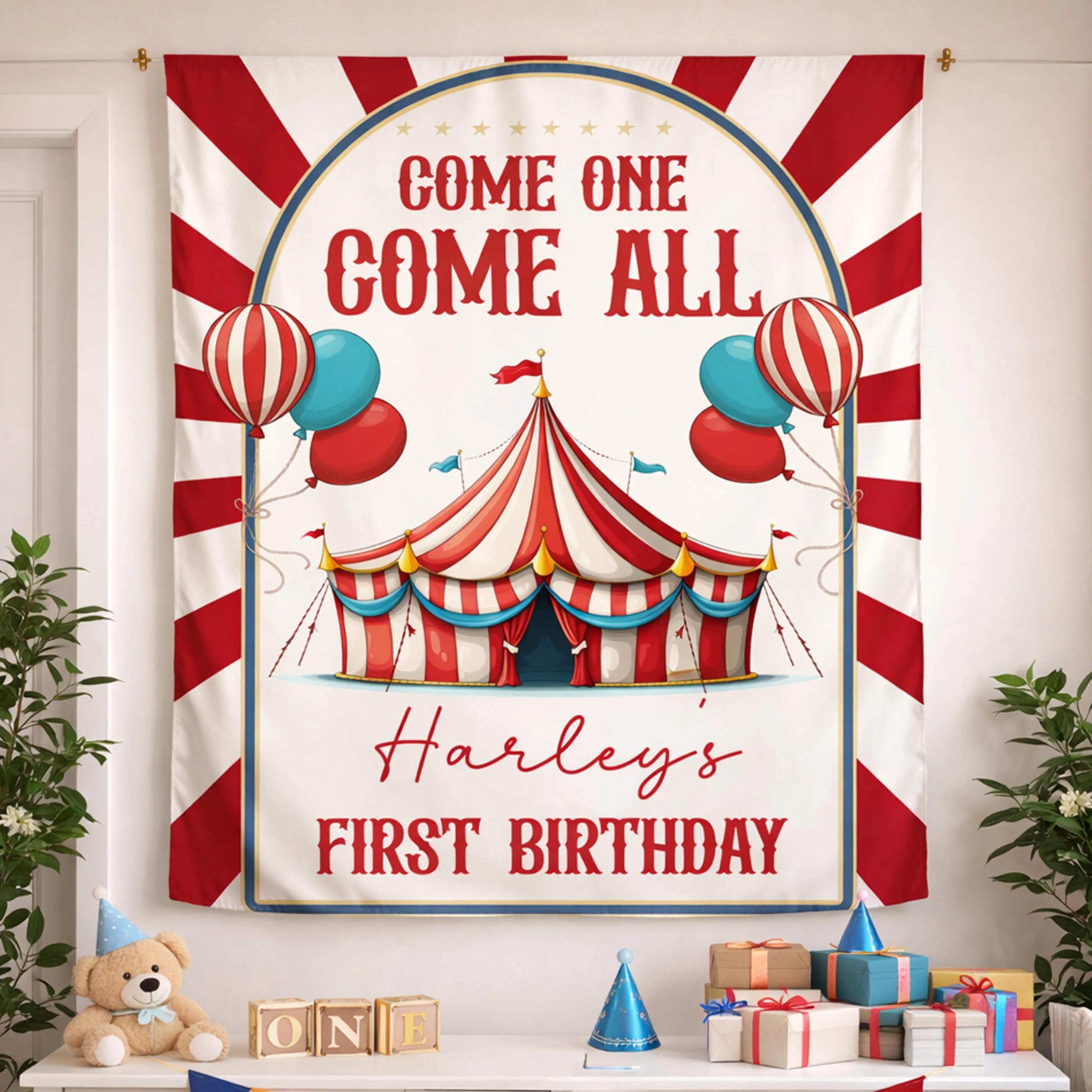 Personalized Circus Birthday Silk Banner with Arched Design Custom Name Carnival First Birthday Party Backdrop for Baby or Toddler Celebration