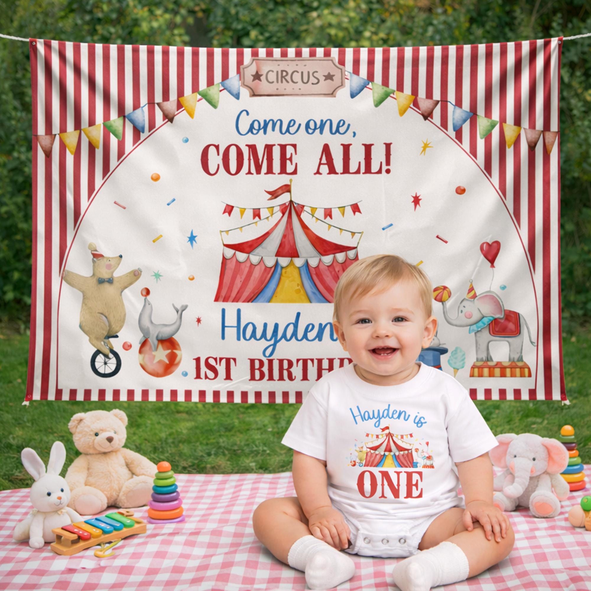 Personalized Circus First Birthday Outfit with Silk Banner Festive Carnival Boys 1st Birthday Backdrop Red Yellow Blue Party Decor
