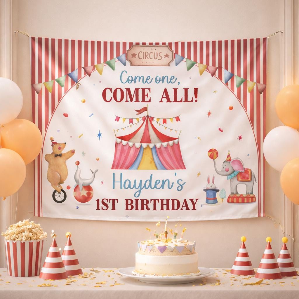 Personalized Circus First Birthday Outfit with Silk Banner Festive Carnival Boys 1st Birthday Backdrop Red Yellow Blue Party Decor