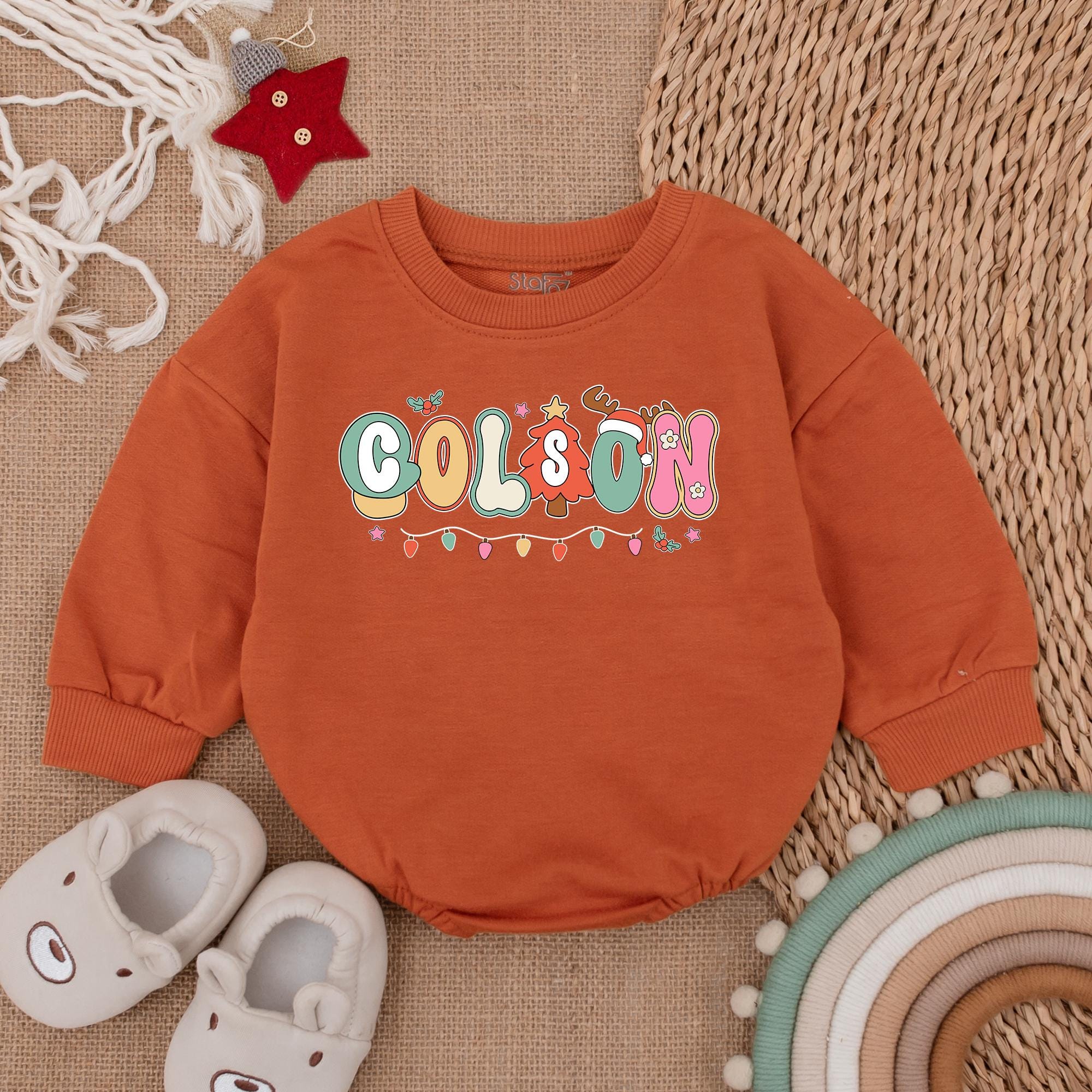 Personalized Colson Christmas Baby Romper Colorful Holiday Outfit Festive Newborn Bodysuit Custom Name Infant Cotton Comfortable