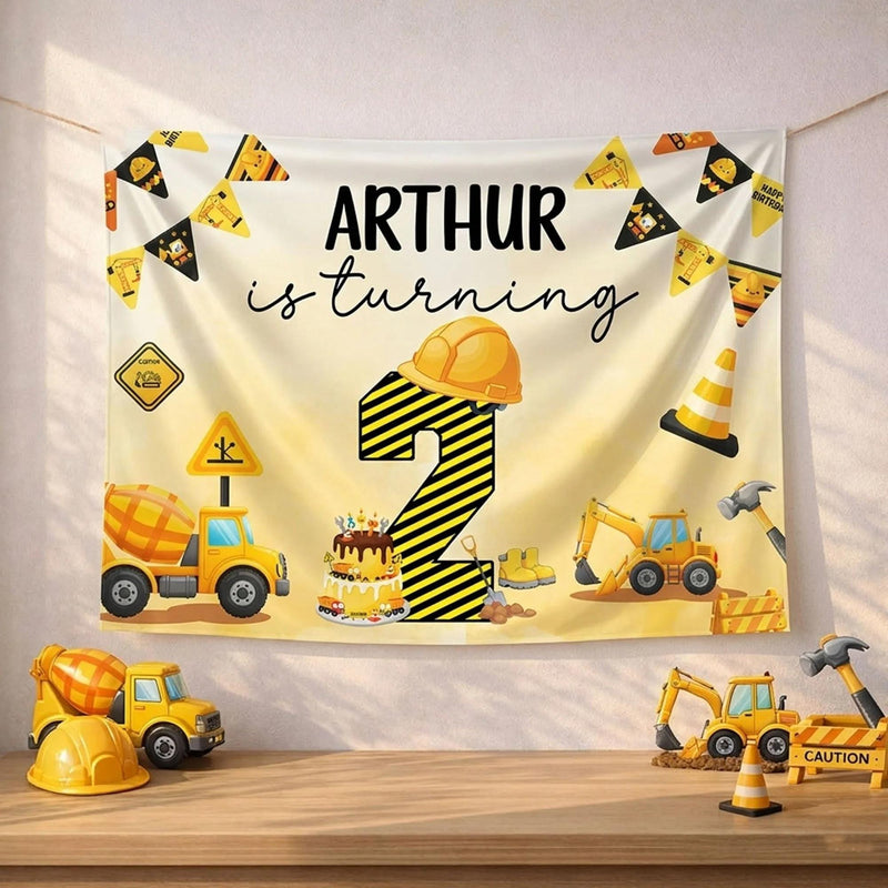 Personalized Construction 2nd Birthday Silk Banner with Name and Excavator Design, Custom Turning 2 Party Backdrop for Boys or Girls