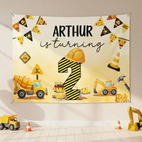 Personalized Construction 2nd Birthday Silk Banner with Name and Excavator Design, Custom Turning 2 Party Backdrop for Boys or Girls